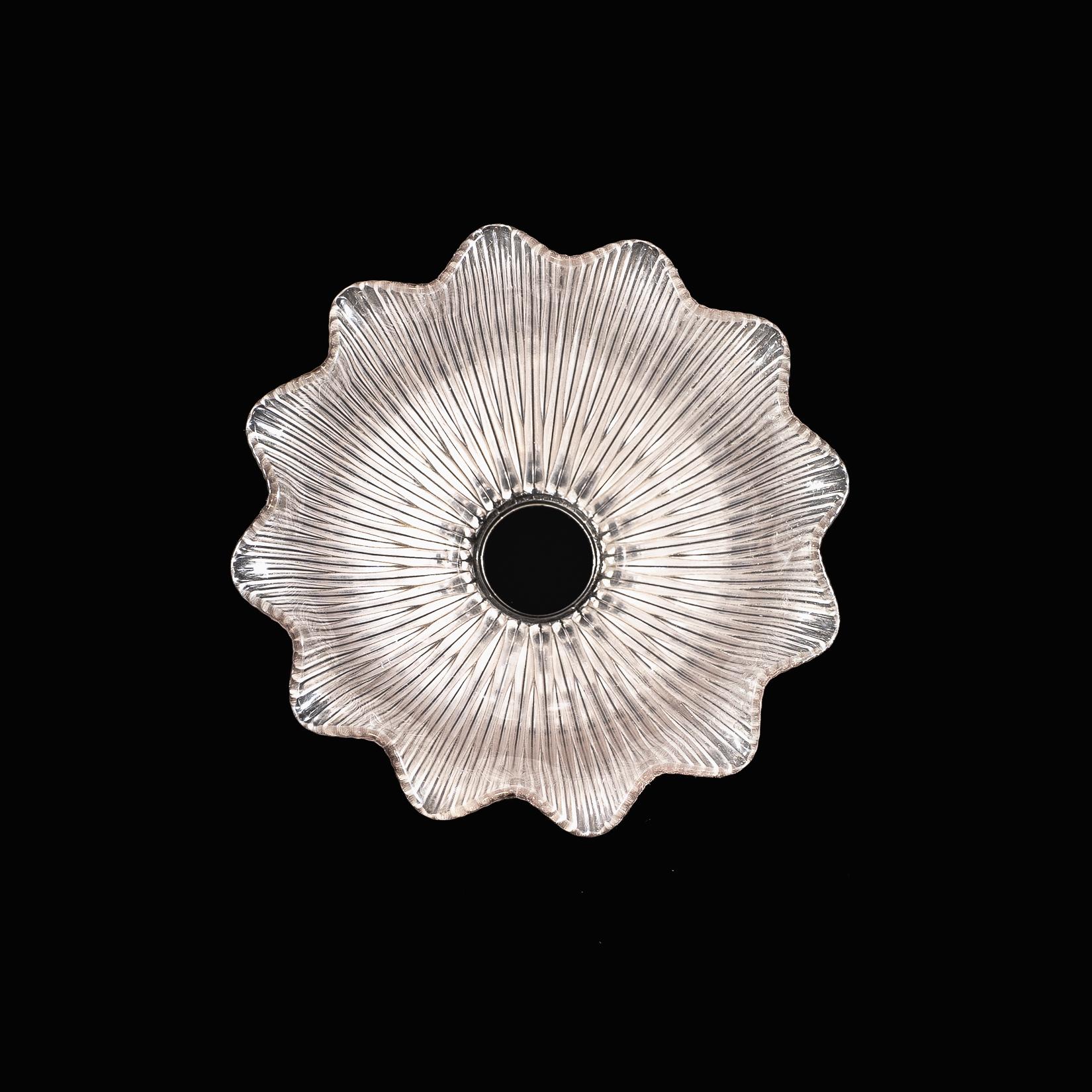Ein Satz von sechs klaren gerippten Glasschirmen mit Glockenform und gekräuselten Rändern (20. Jahrhundert) im Angebot