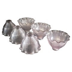 A Set of Six Clear Ribbed Glass Shades with Bell Shape & Ruffled Rims