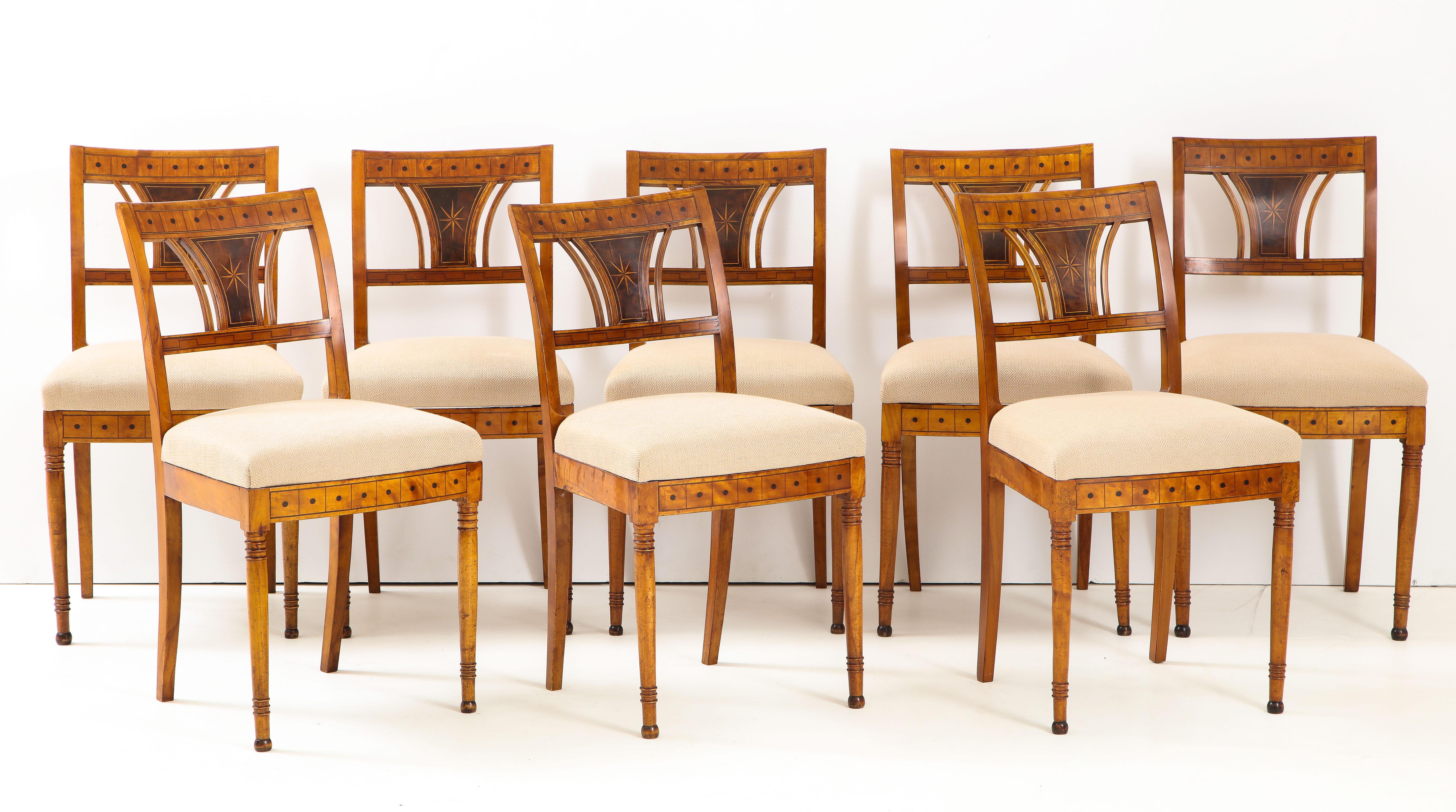19th Century Set of Eight Danish Empire Inlaid Birchwood Sidechairs, circa 1810-1820