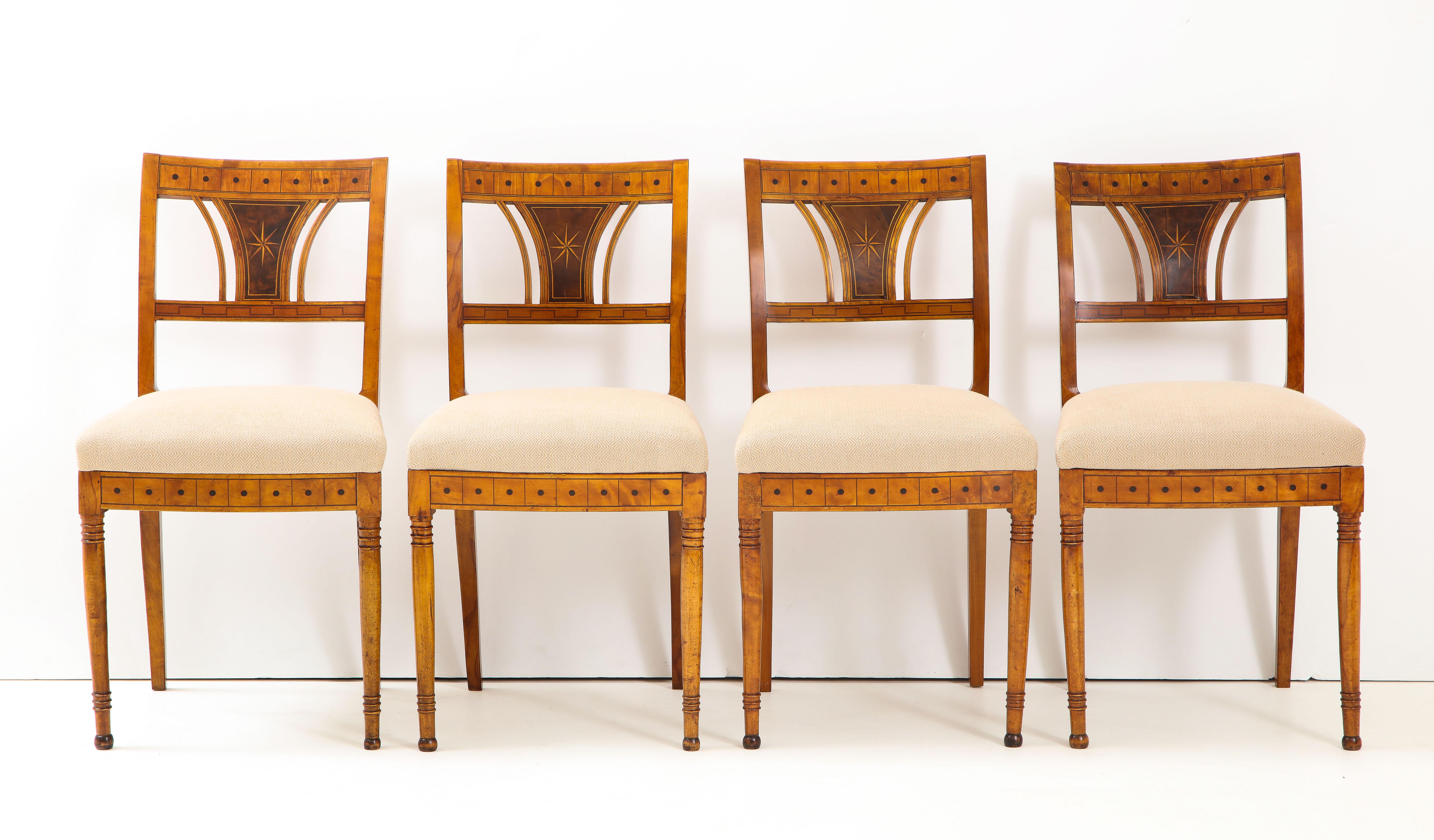 Wood Set of Eight Danish Empire Inlaid Birchwood Sidechairs, circa 1810-1820