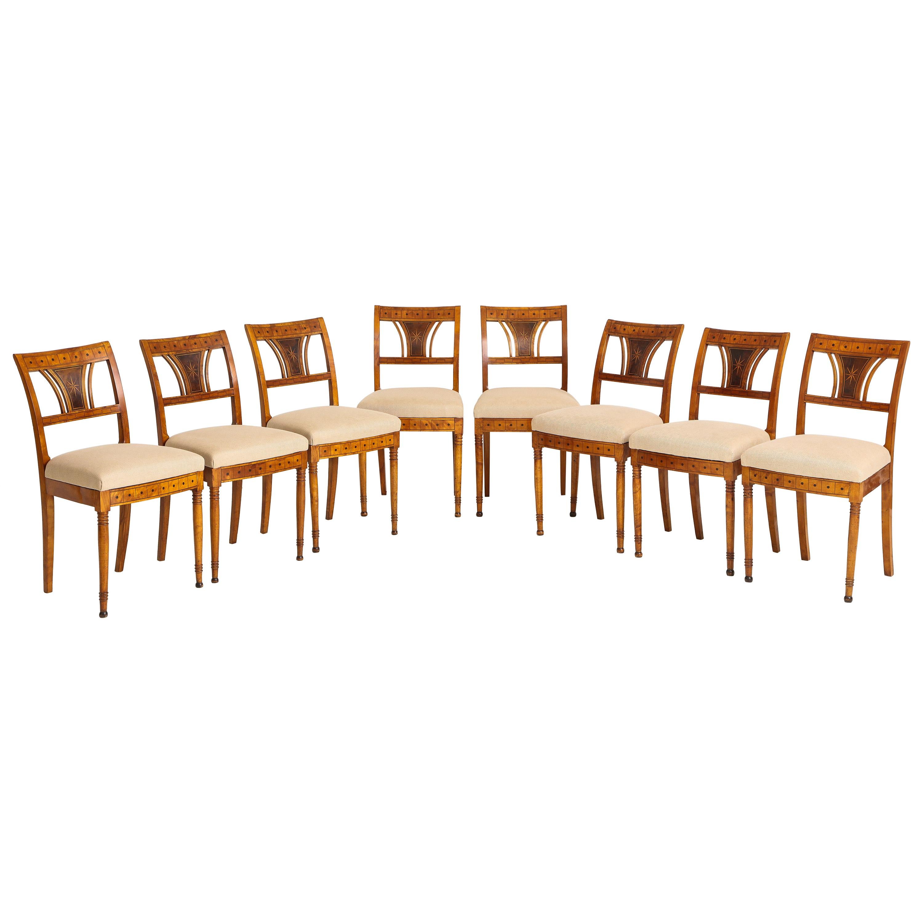 Set of Eight Danish Empire Inlaid Birchwood Sidechairs, circa 1810-1820