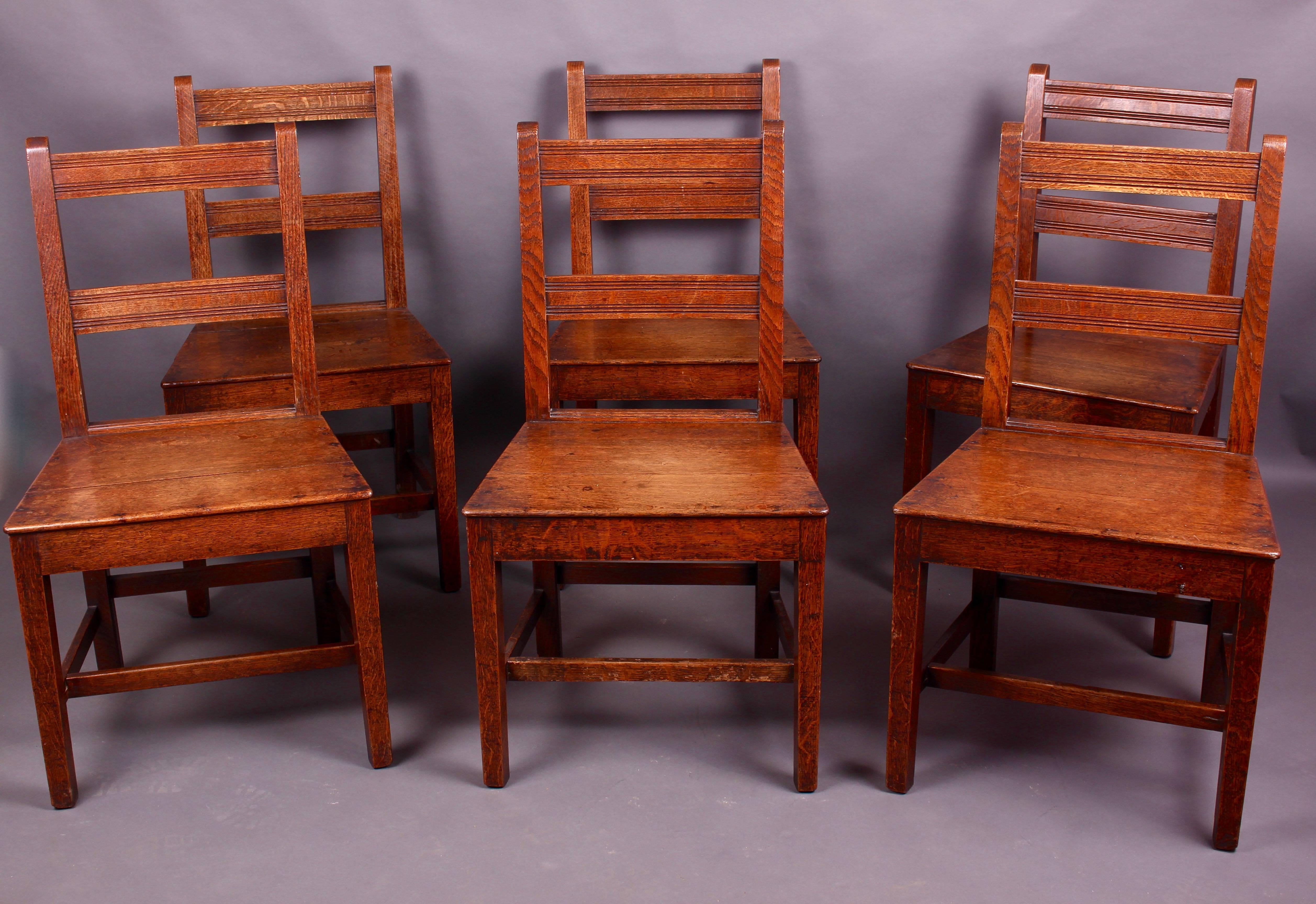 English Set of Six Edwardian Country Oak Dining Chairs