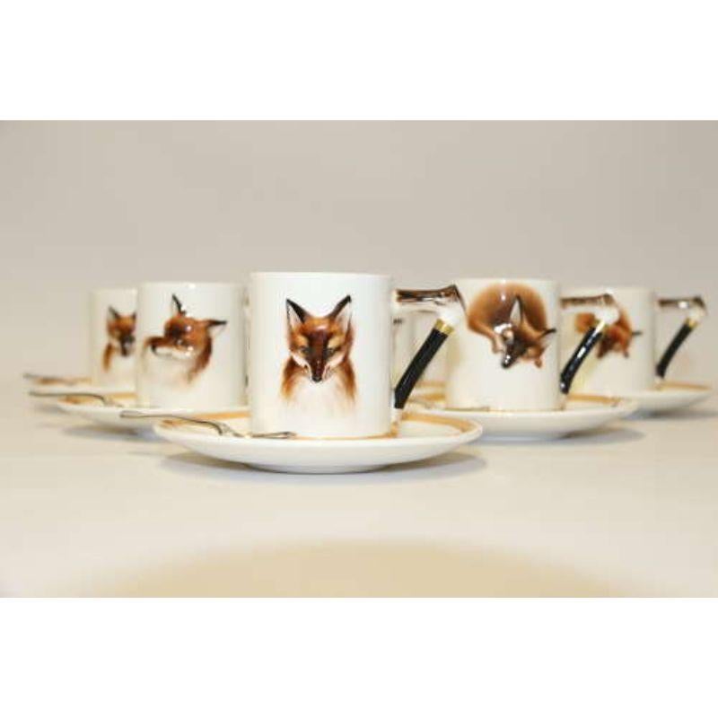 Hand-Painted Set of Six English Fox Hunting Royal Doulton Coffee Cups and Saucers, circa 1950 For Sale