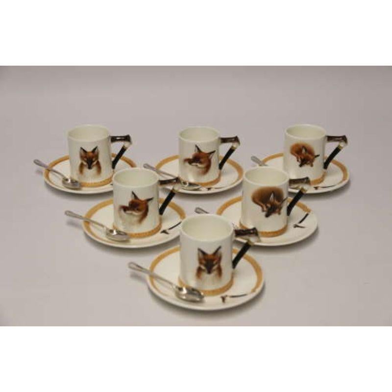 Mid-Century Modern Set of Six English Fox Hunting Royal Doulton Coffee Cups and Saucers, circa 1950 For Sale