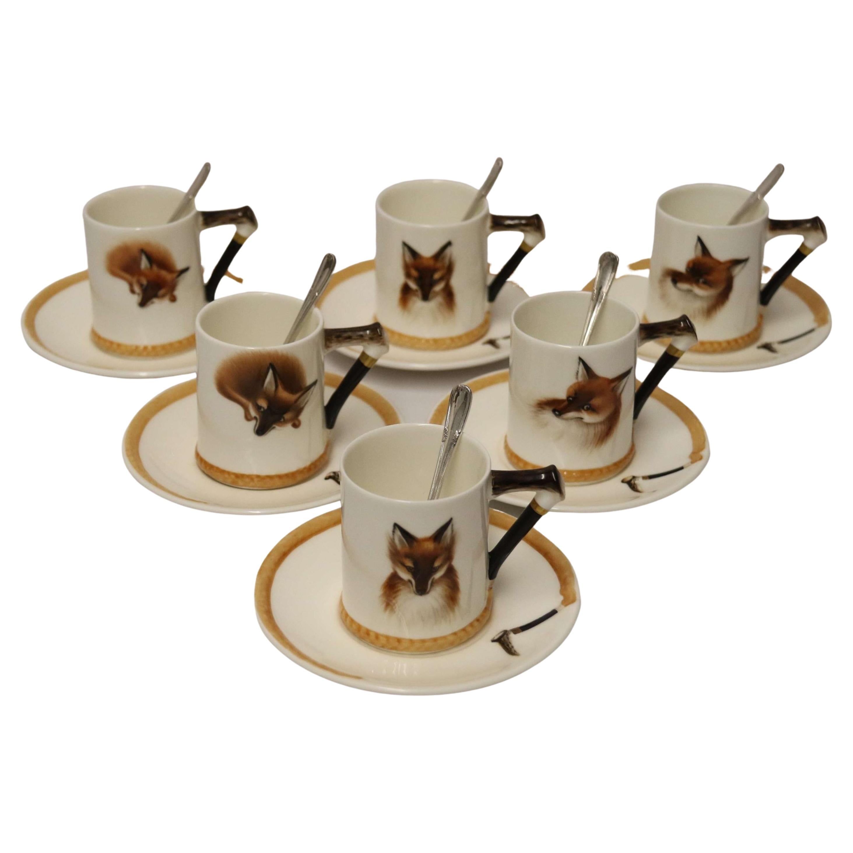Satz von sechs englischen Fuchsjagd Royal Doulton Kaffeetassen und Untertassen, um 1950