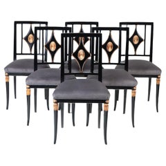 Set of Six French Ebonized Gilt Dining Chairs, circa 1940
