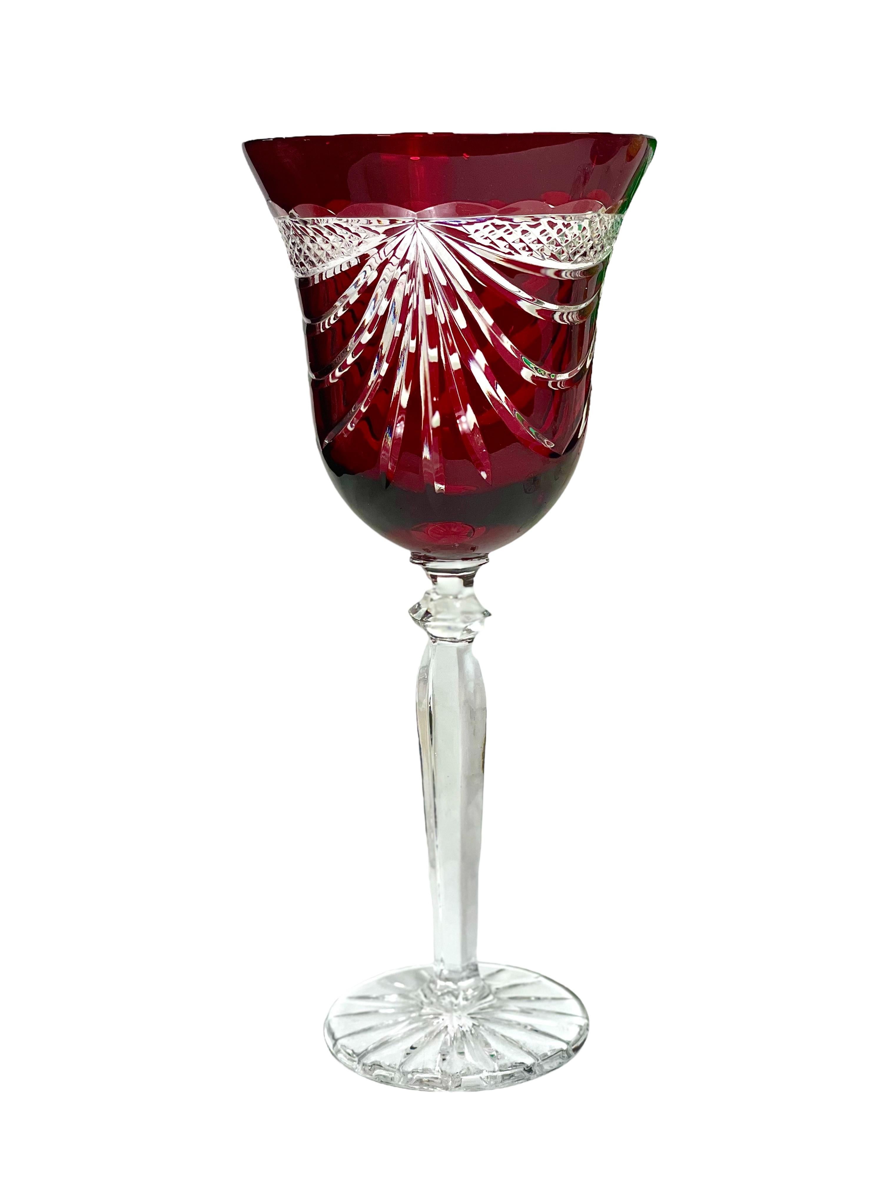 20th Century Set of Six French Multi-Coloured Crystal Hand-Cut Rhine Wine Glasses with Swag