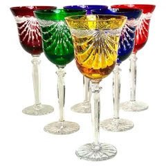Set of Six French Multi-Coloured Crystal Hand-Cut Rhine Wine Glasses with Swag