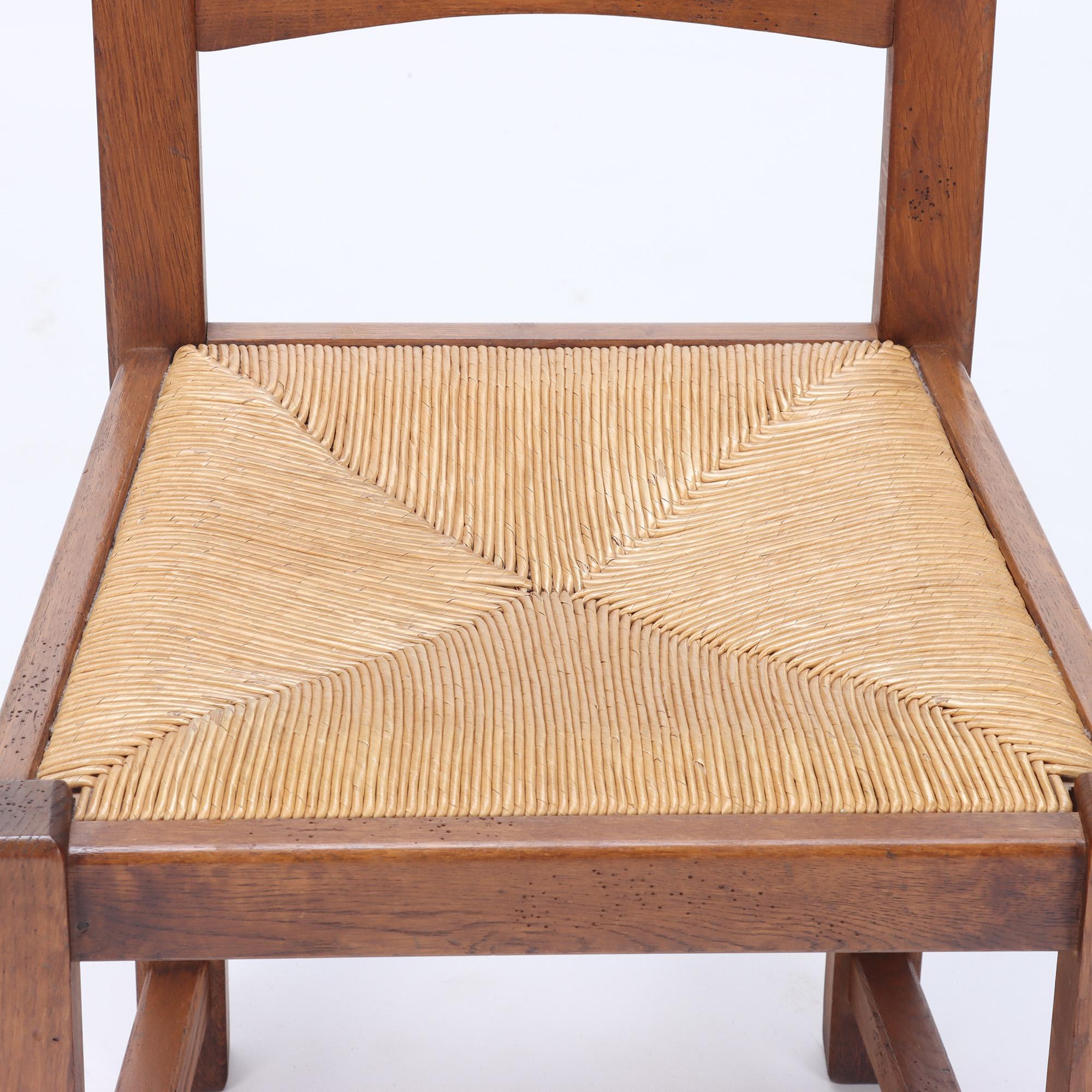 Mid-20th Century Set of Six French Oak Chairs with Rush Seats, circa 1960