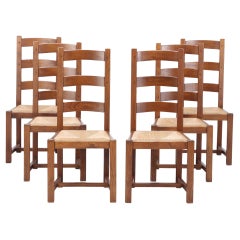 Set of Six French Oak Chairs with Rush Seats, circa 1960