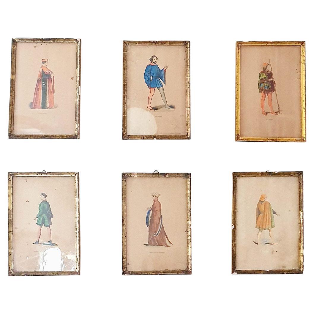 Set von sechs französischen Drucken französischer und italienischer Adelskostüme