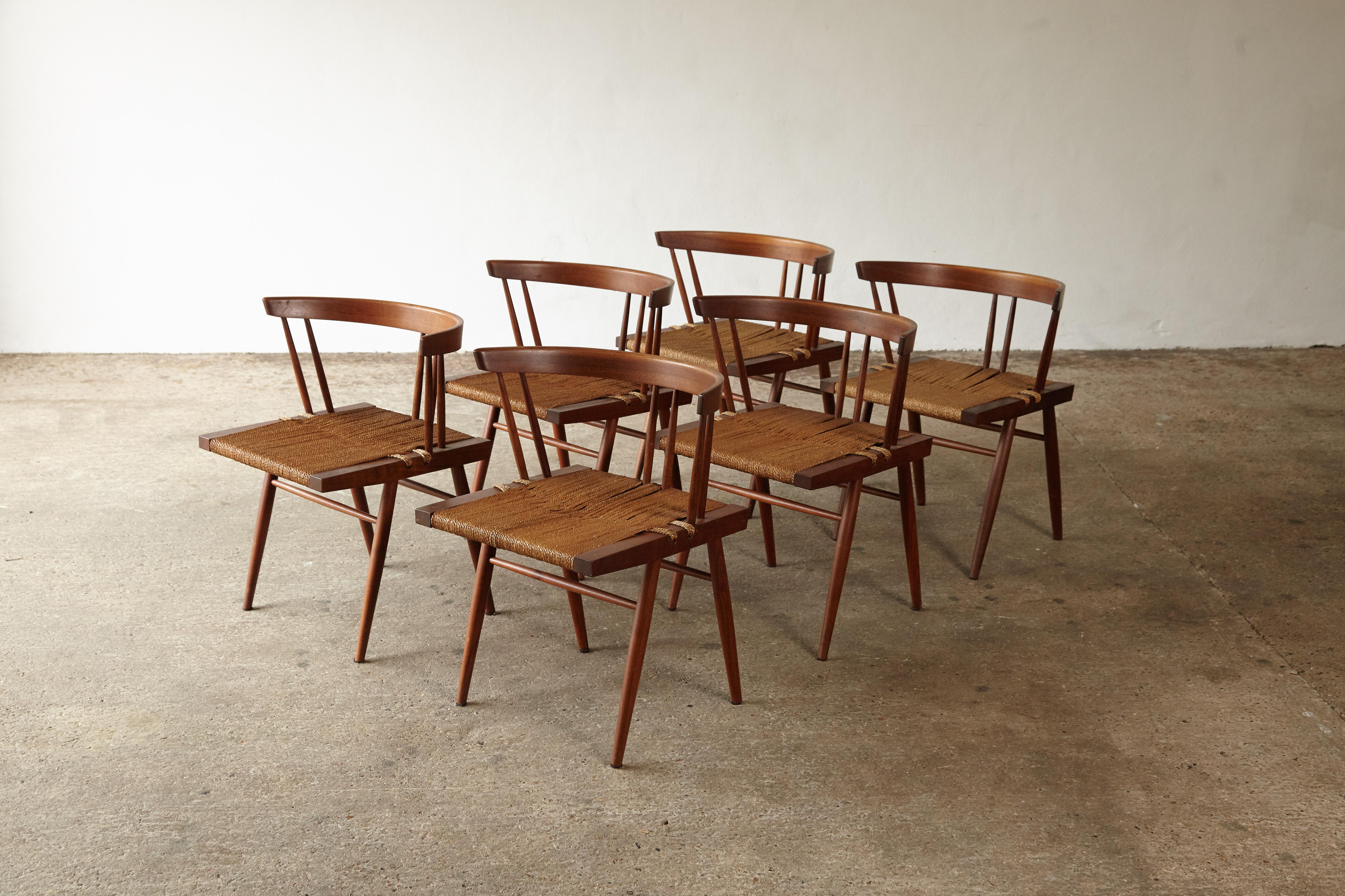 Mid-Century Modern Set of Six George Nakashima Grass Seat Chairs, USA, 1950s-1960s