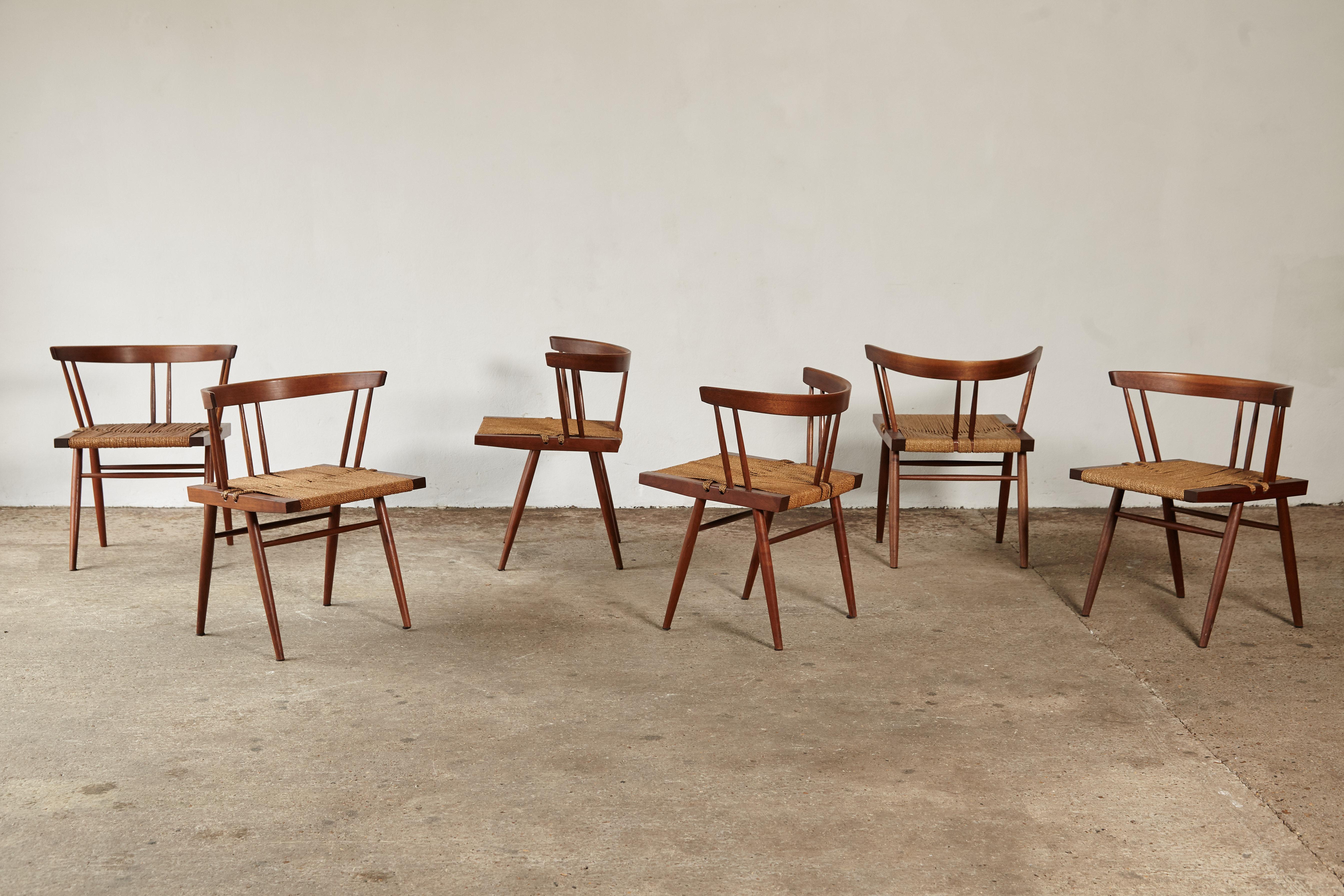 American Set of Six George Nakashima Grass Seat Chairs, USA, 1950s-1960s
