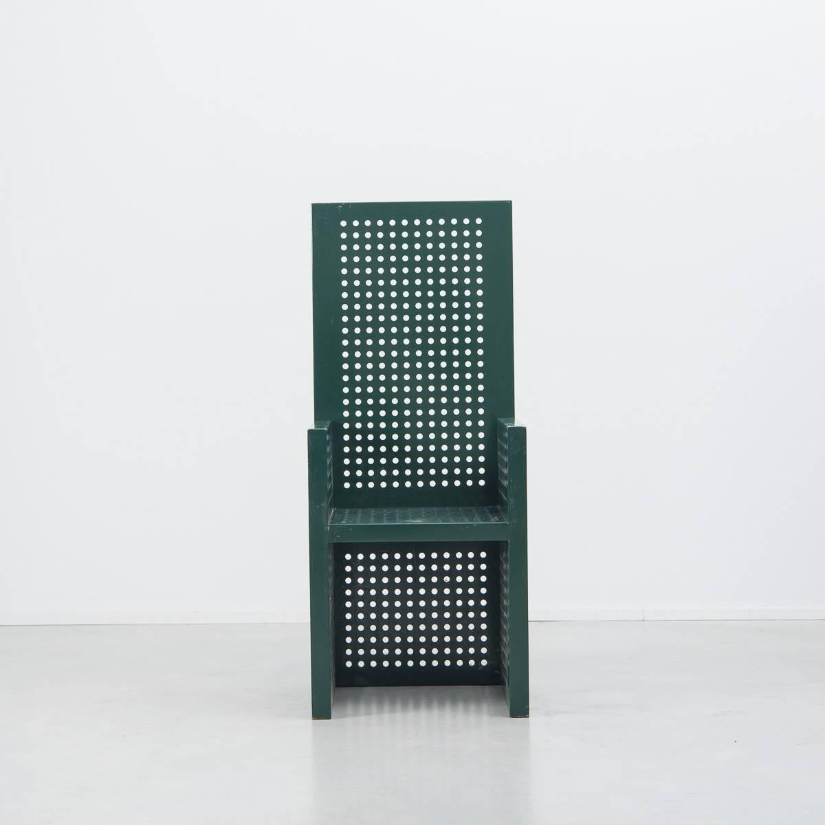 This powerful set of six perforated chairs could work for an interior or exterior setting. Their strong form and perforated surfaces create striking shadows. They remind us of a more brutal Charles Rennie Mackintosh’s Hill House high back chair and