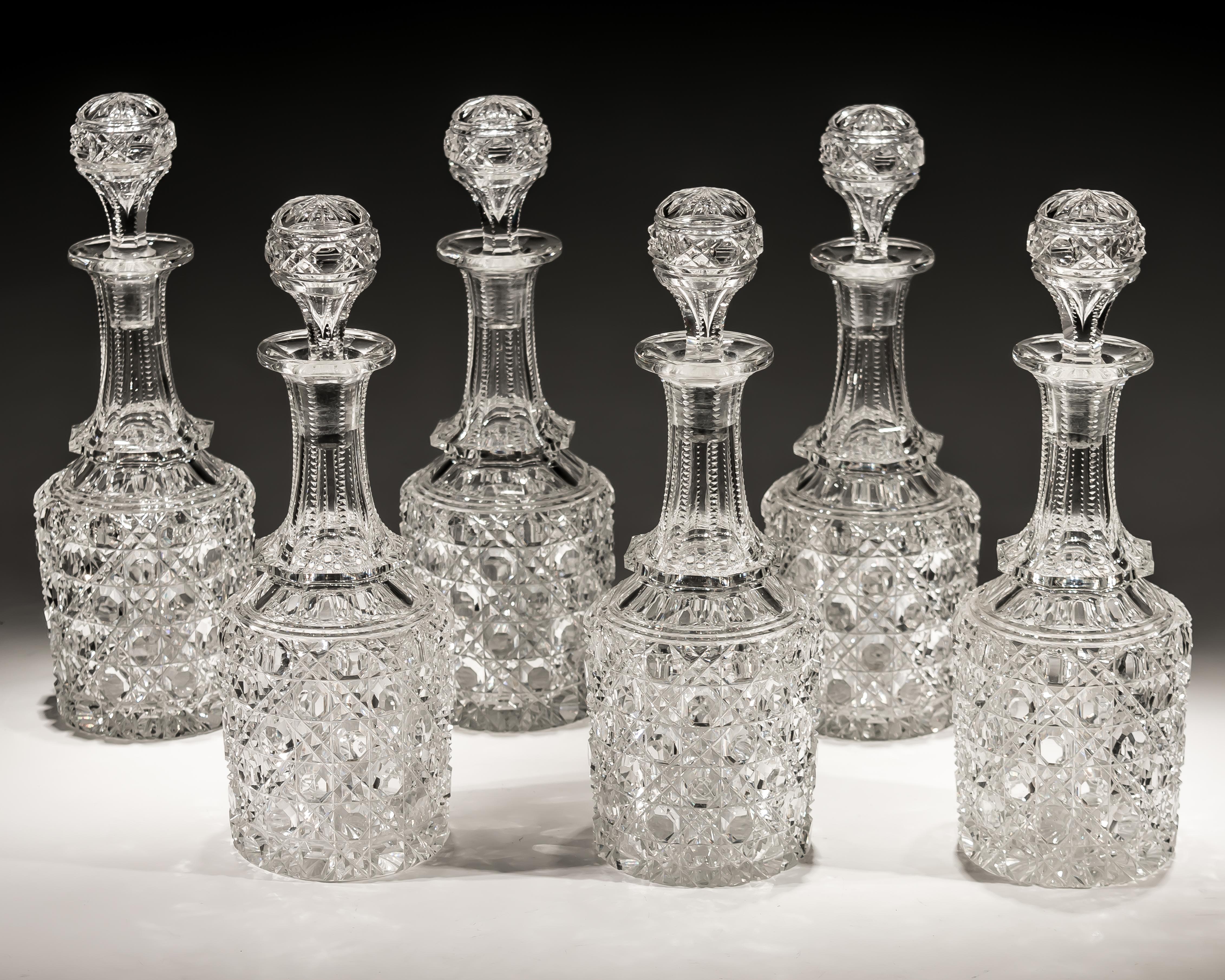 Set of Six Hobnail Cut Glass Victorian Decanters In Good Condition In Steyning, West sussex
