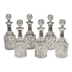 Set of Six Hobnail Cut Glass Victorian Decanters