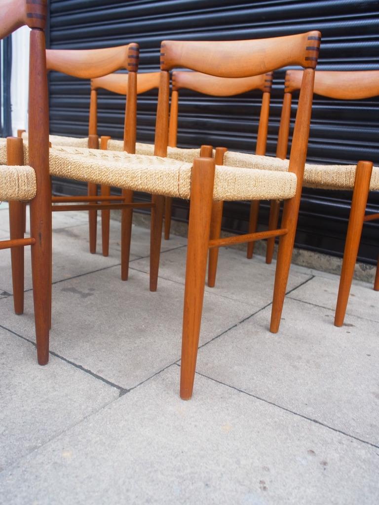20th Century Set of Six H.W. Klein 1960s Teak  Woven Seat Dining Chairs by Bramin For Sale