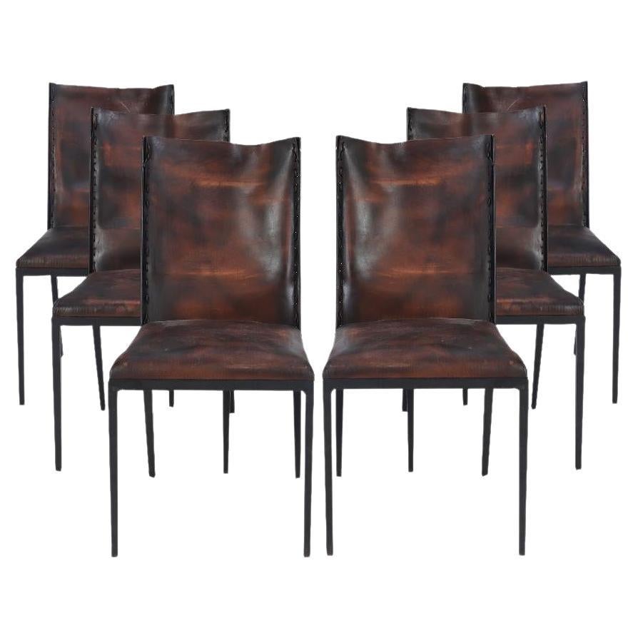Set of Six Iron and Leather Chairs, Contemporary For Sale