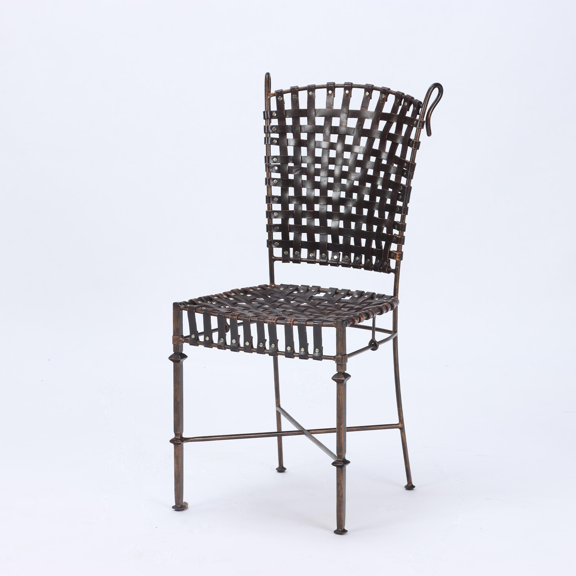 Set of Six Iron and Woven Leather Chairs, Circa 1970 In Good Condition In Philadelphia, PA