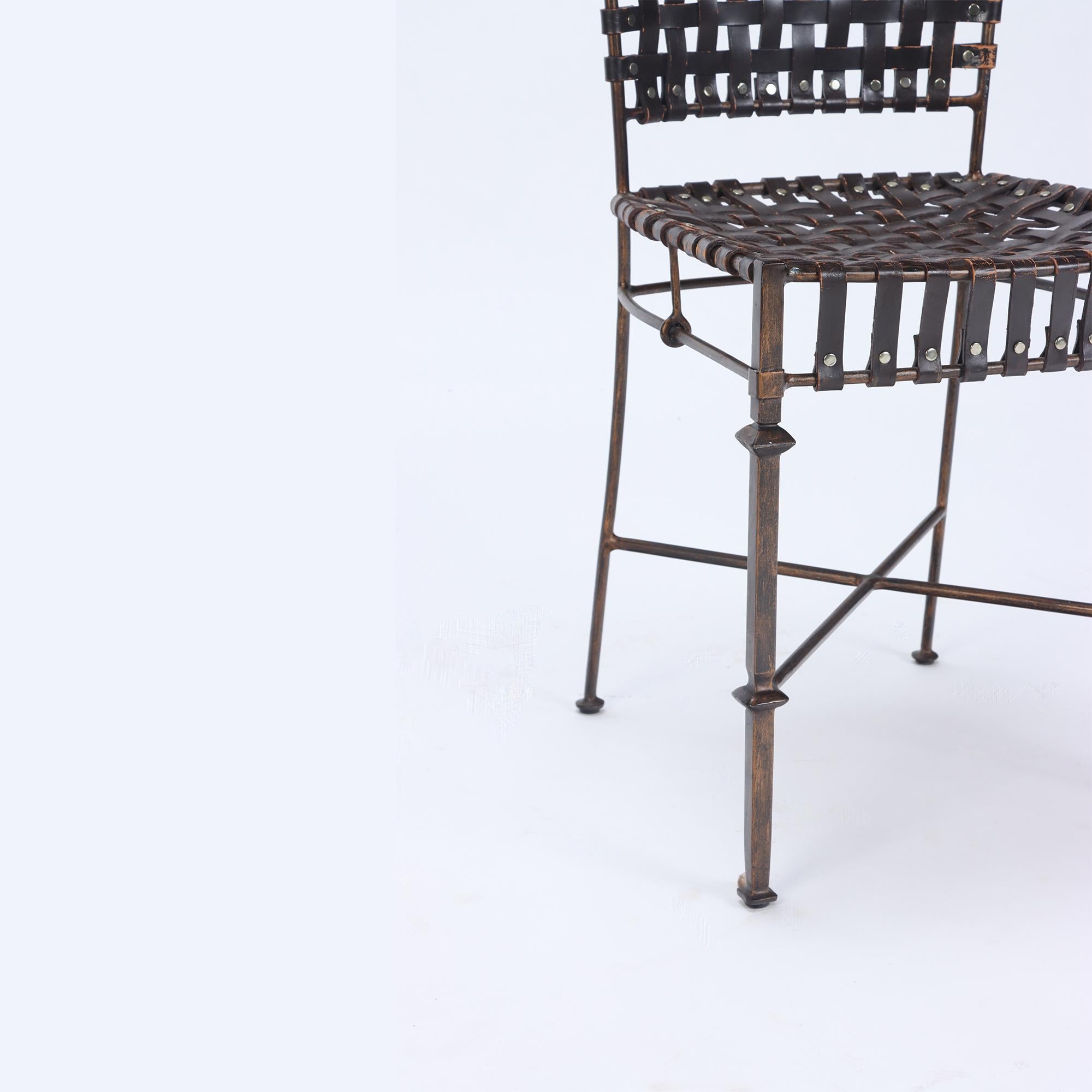 Late 20th Century Set of Six Iron and Woven Leather Chairs, Circa 1970