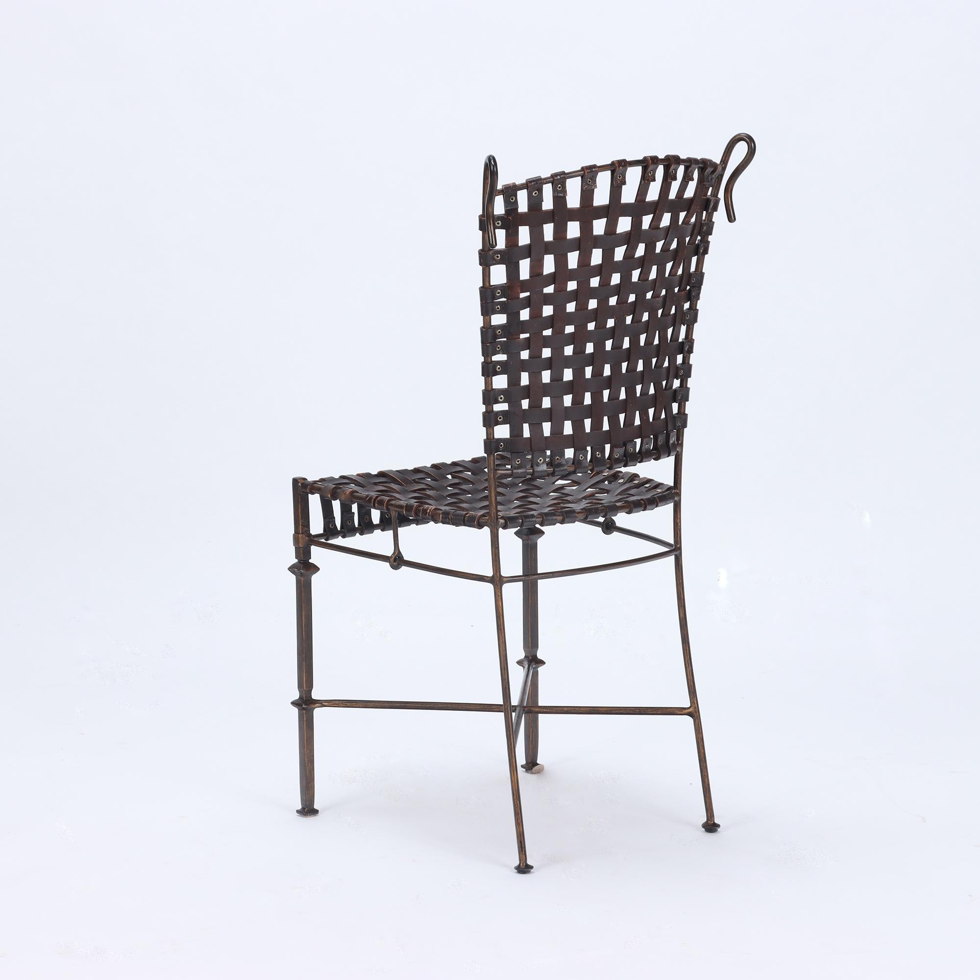 Set of Six Iron and Woven Leather Chairs, Circa 1970 1
