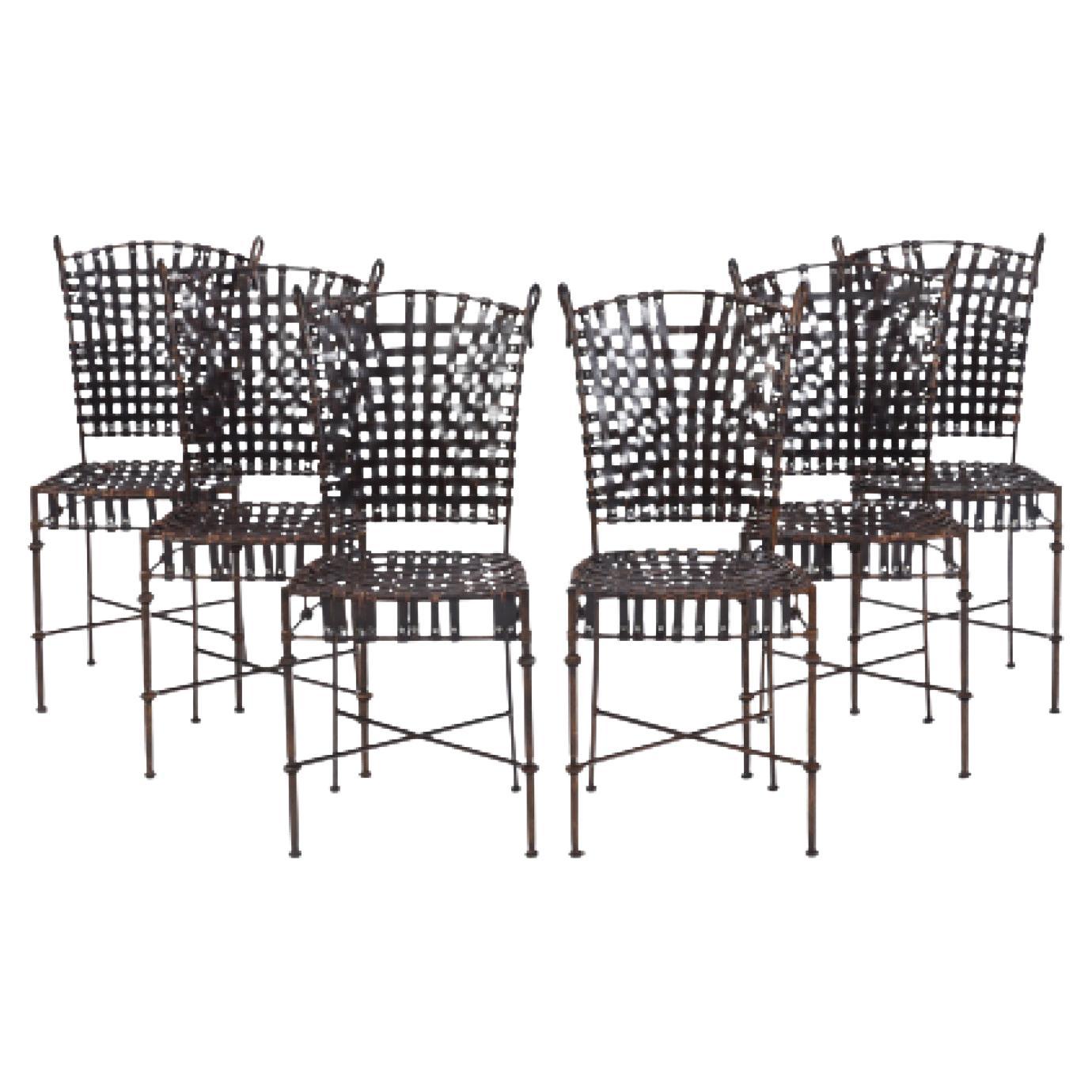 Set of Six Iron and Woven Leather Chairs, Circa 1970
