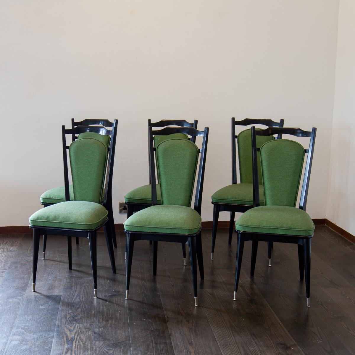 Mid-Century Modern Set of Six Italian Ebonised Framed Dining Chairs 1950s