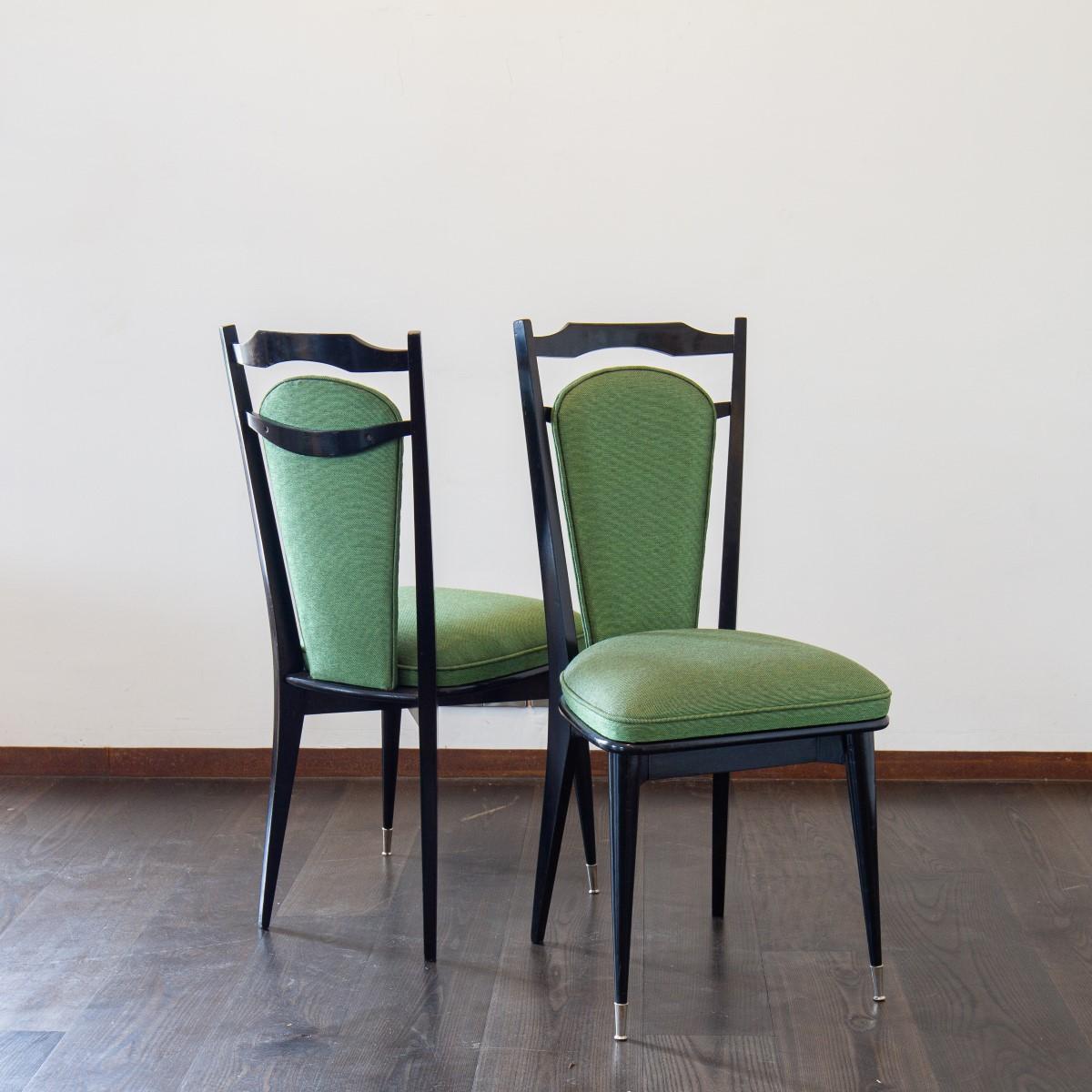 Wood Set of Six Italian Ebonised Framed Dining Chairs 1950s