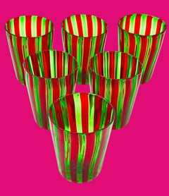 A set of six Italian handblown Murano glass tumblers in green and red