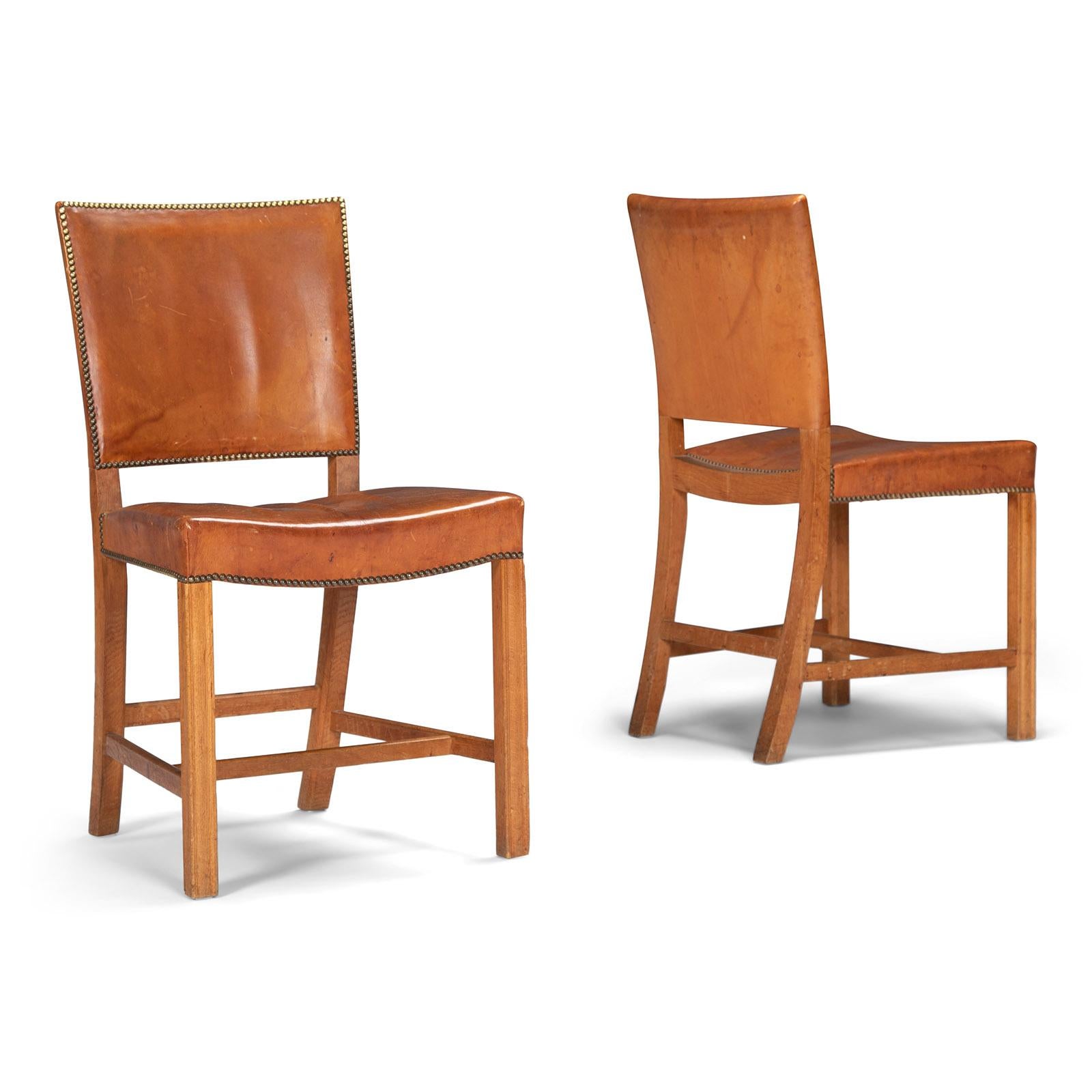Scandinavian Modern Set of Six Kaare Klint Dining Chairs with Original Leather For Sale