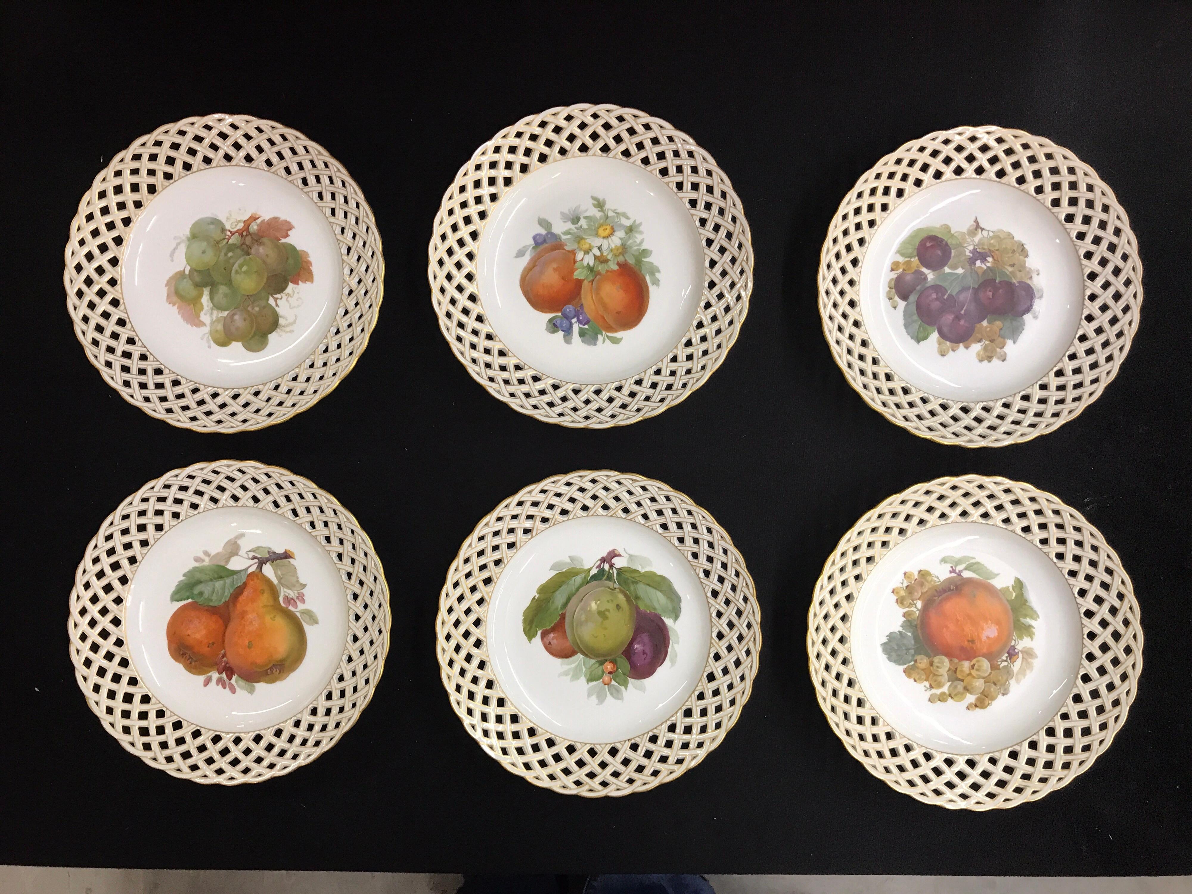 German Set of Six KPM Fruit Reticulated Plates For Sale
