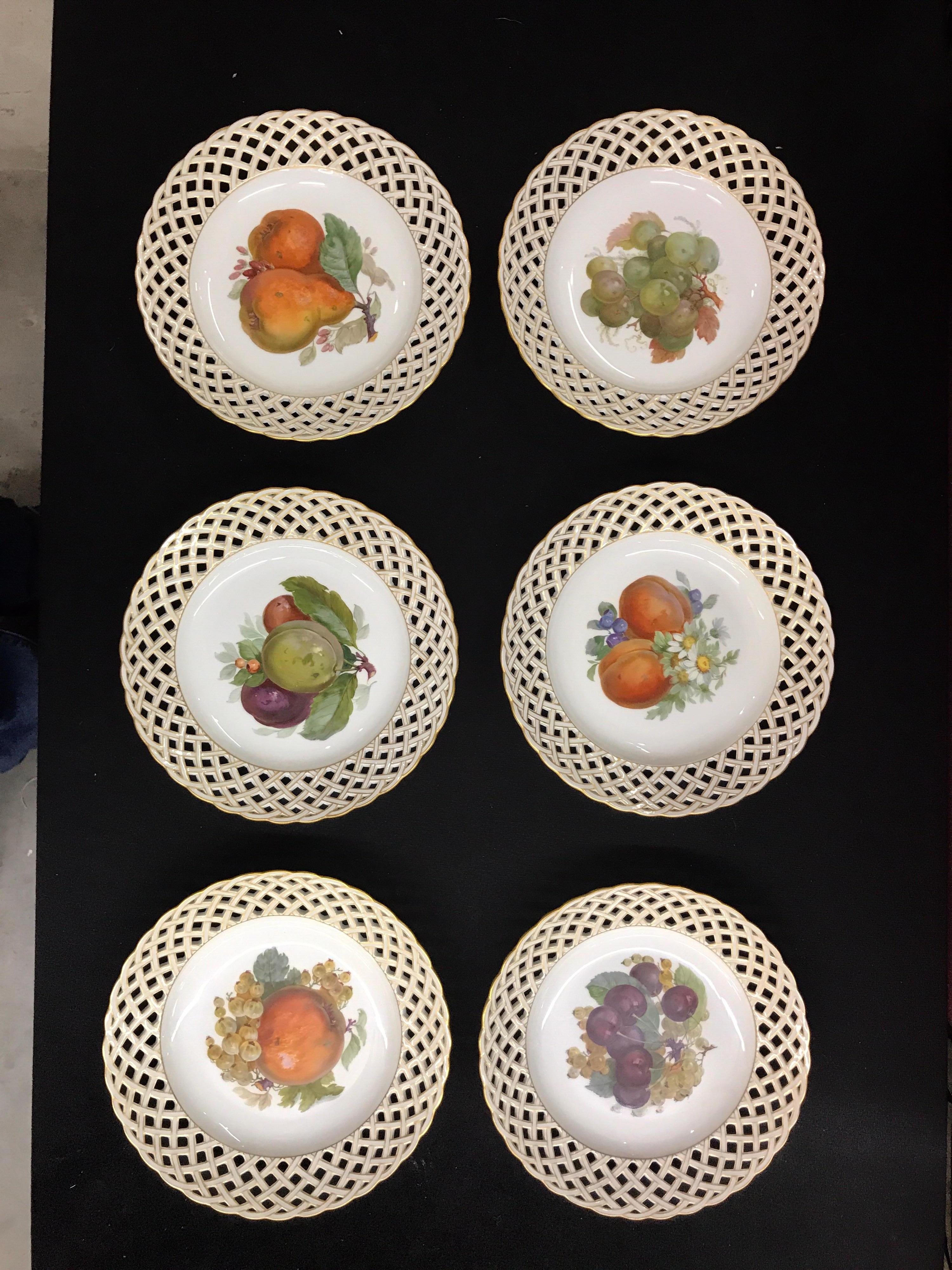 Gilt Set of Six KPM Fruit Reticulated Plates For Sale