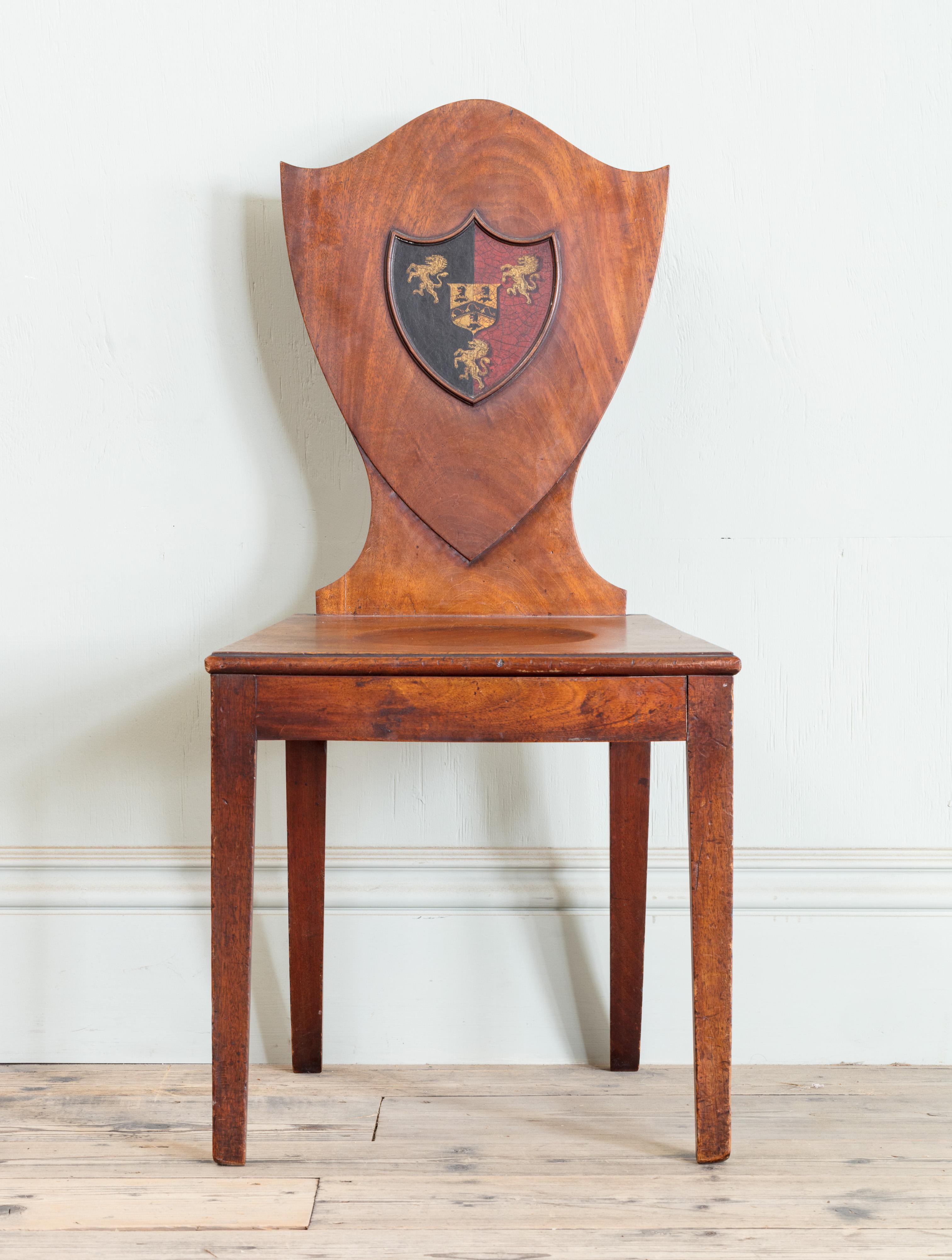 George III Set of Six Mahogany Shield Back Hall Chairs For Sale