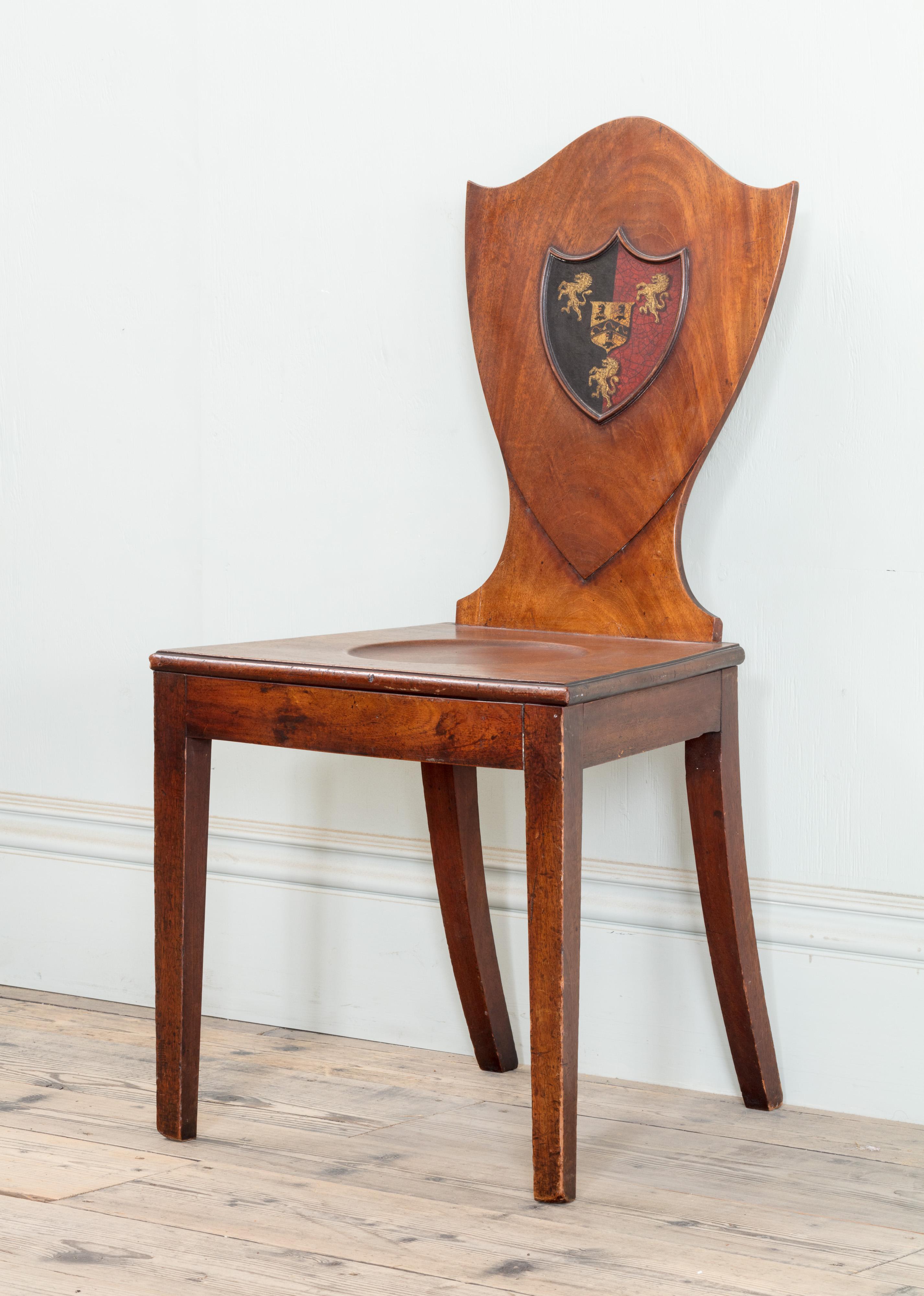 George III Set of Six Mahogany Shield Back Hall Chairs For Sale