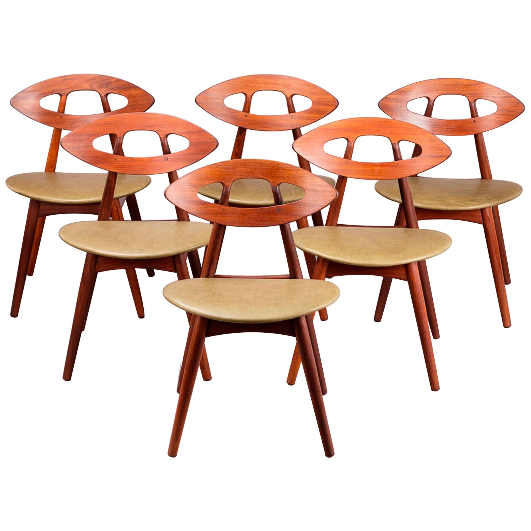 Set of Six Midcentury Ejvind Johansson "Eye" Dining Chairs, Teak and Laeather