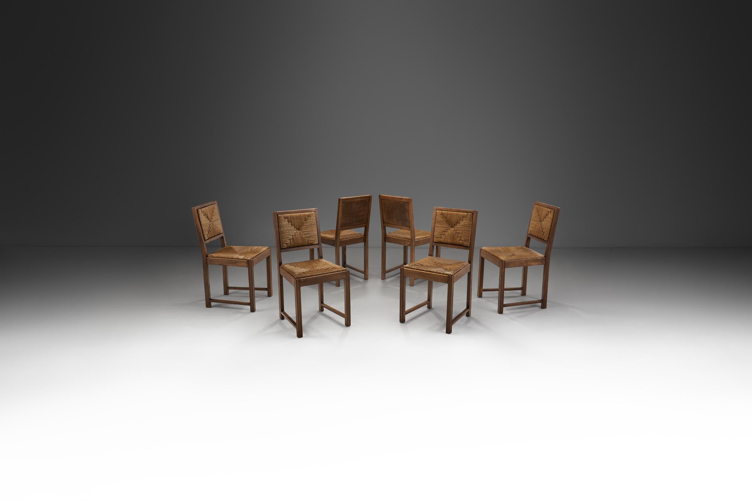 Mid-Century Modern Set of Six Oak and Rush Dining Chairs, France, 1950s For Sale