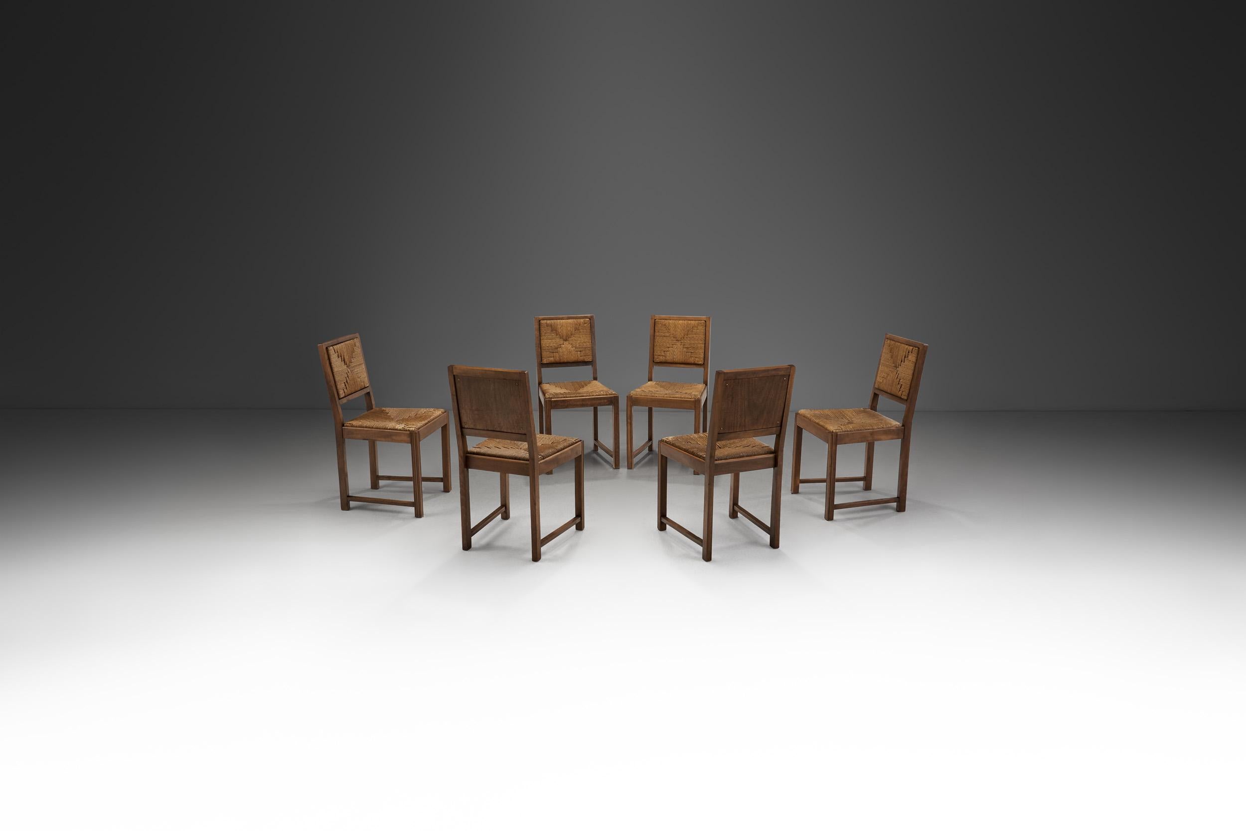 French Set of Six Oak and Rush Dining Chairs, France, 1950s For Sale