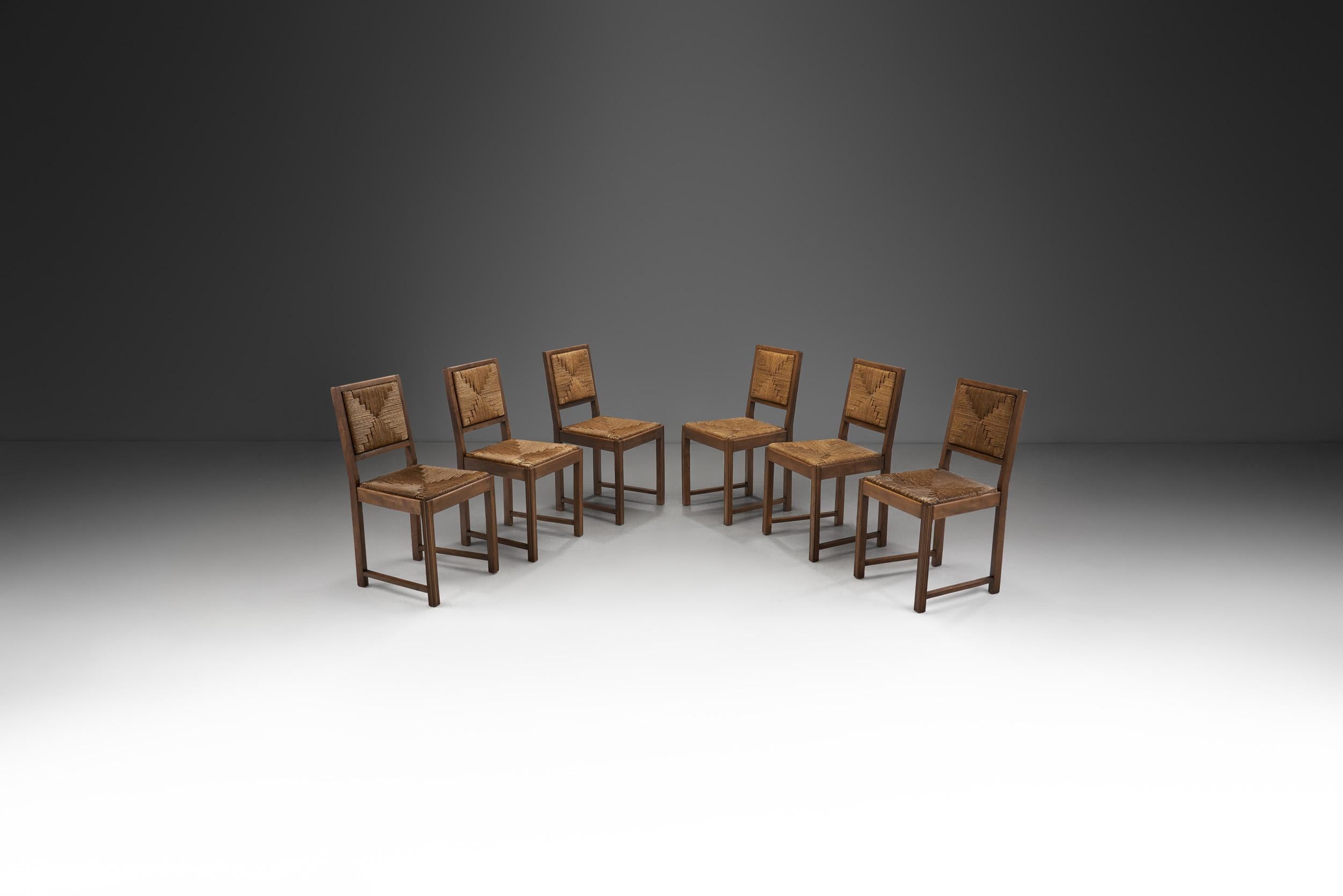 Set of Six Oak and Rush Dining Chairs, France, 1950s In Good Condition For Sale In Utrecht, NL
