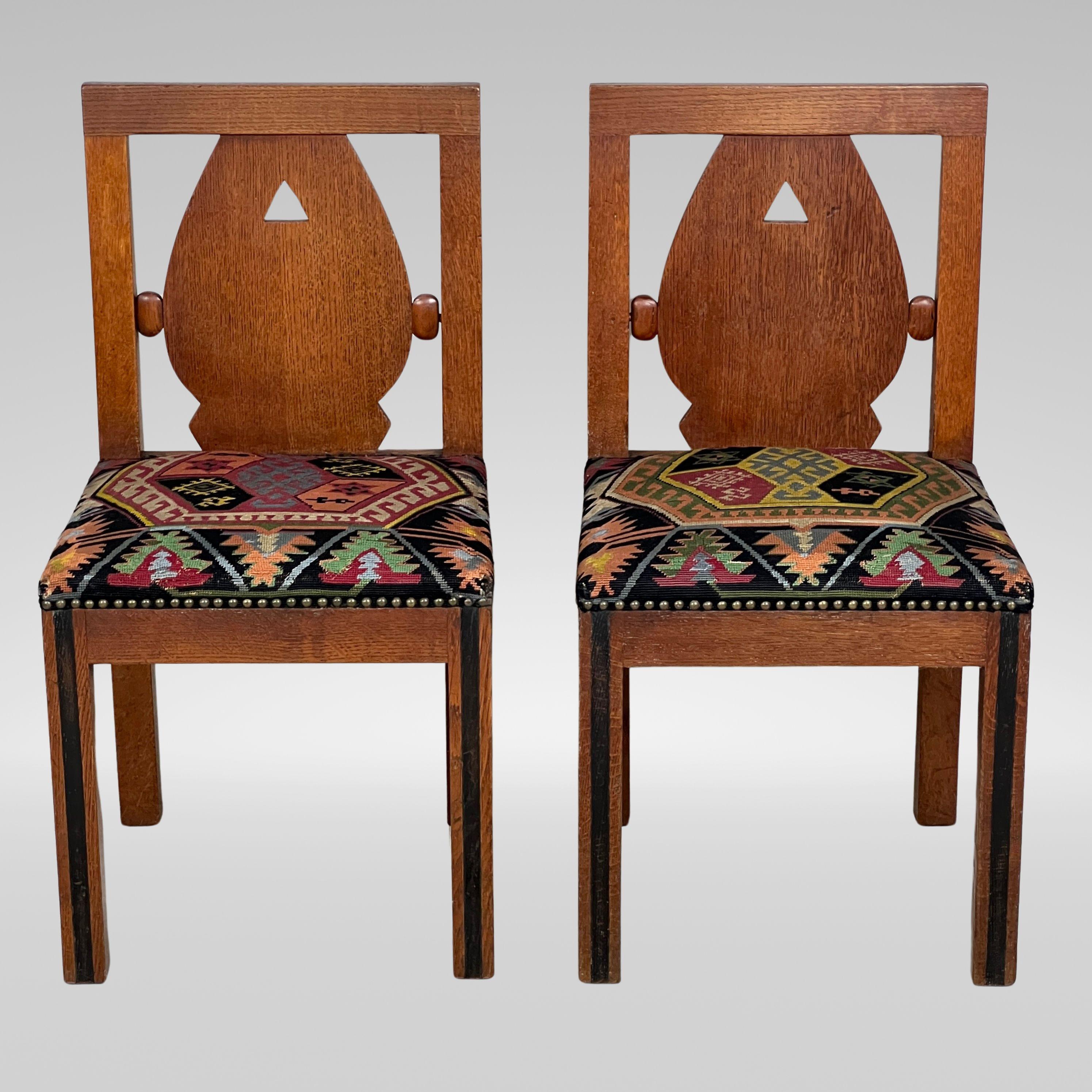 European A Set Of Six Oak Art Deco And Kilim Dining Chairs