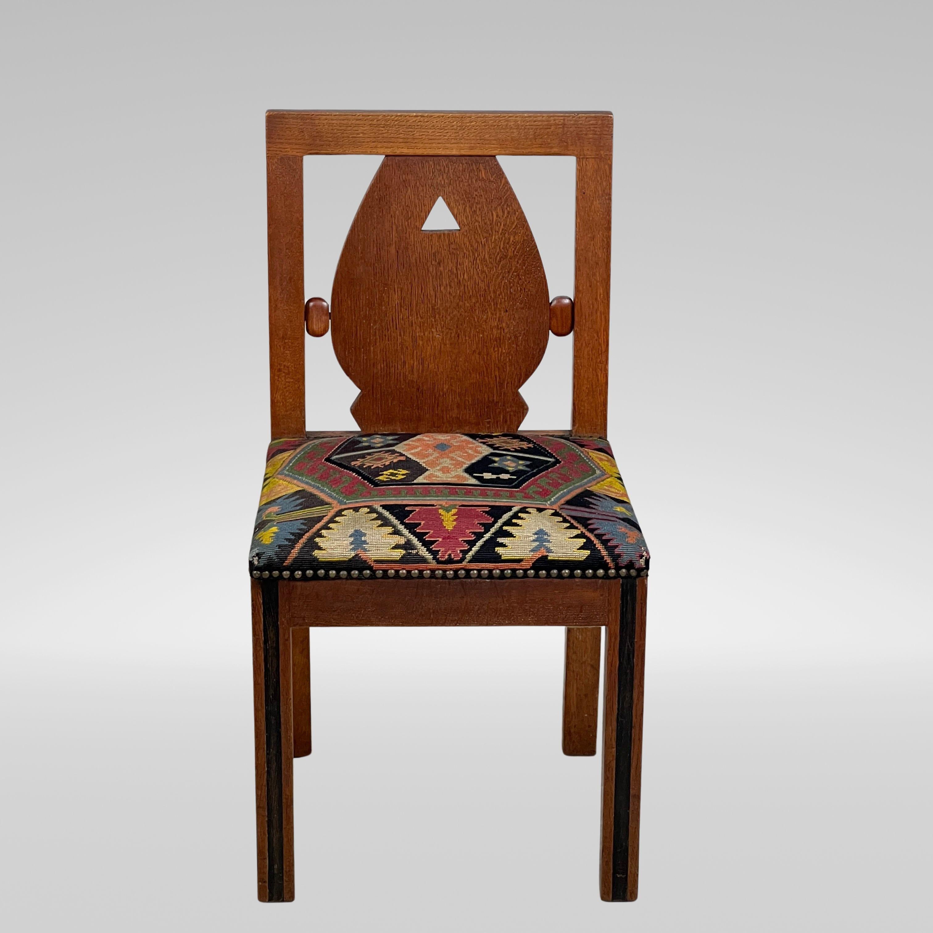 Hand-Crafted A Set Of Six Oak Art Deco And Kilim Dining Chairs