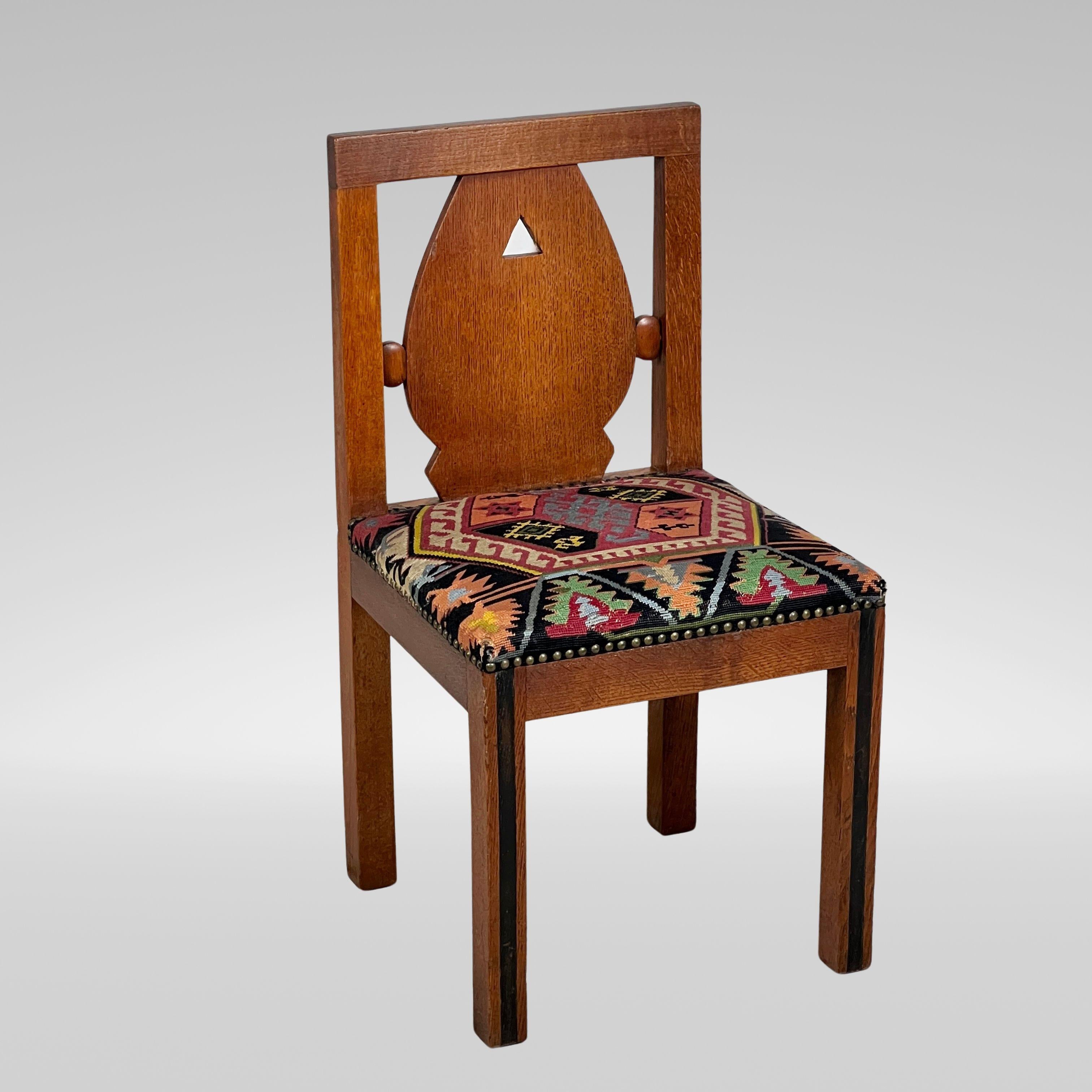 A Set Of Six Oak Art Deco And Kilim Dining Chairs In Good Condition In London, GB