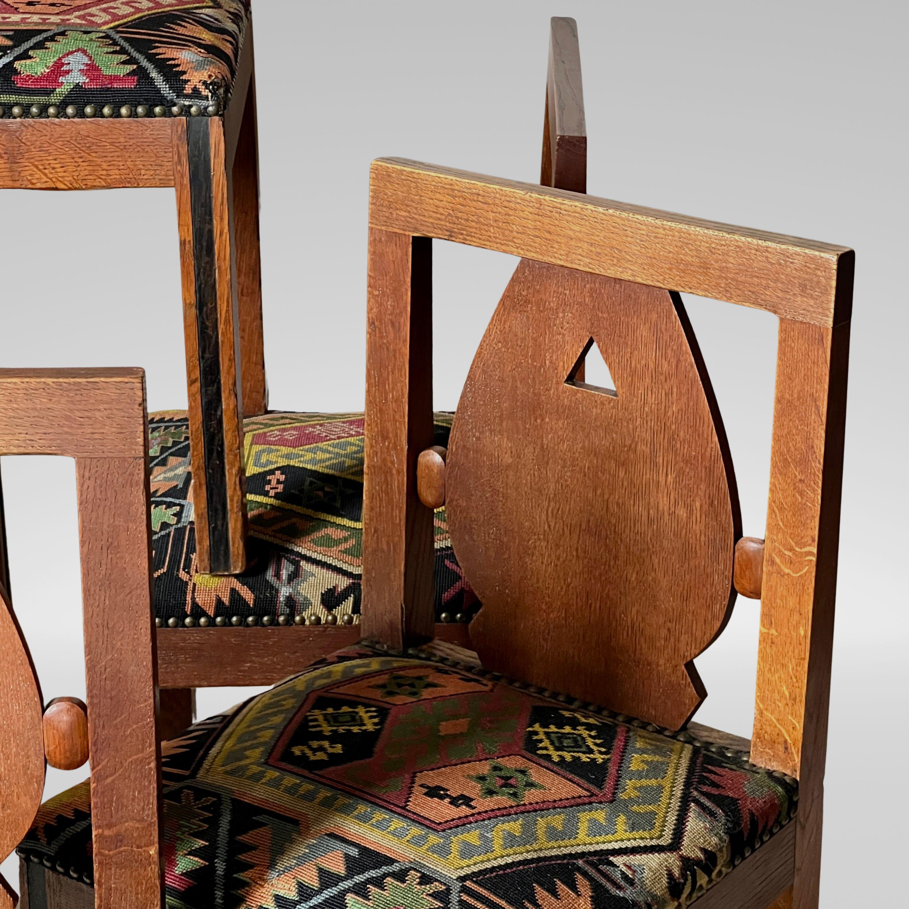 Early 20th Century A Set Of Six Oak Art Deco And Kilim Dining Chairs