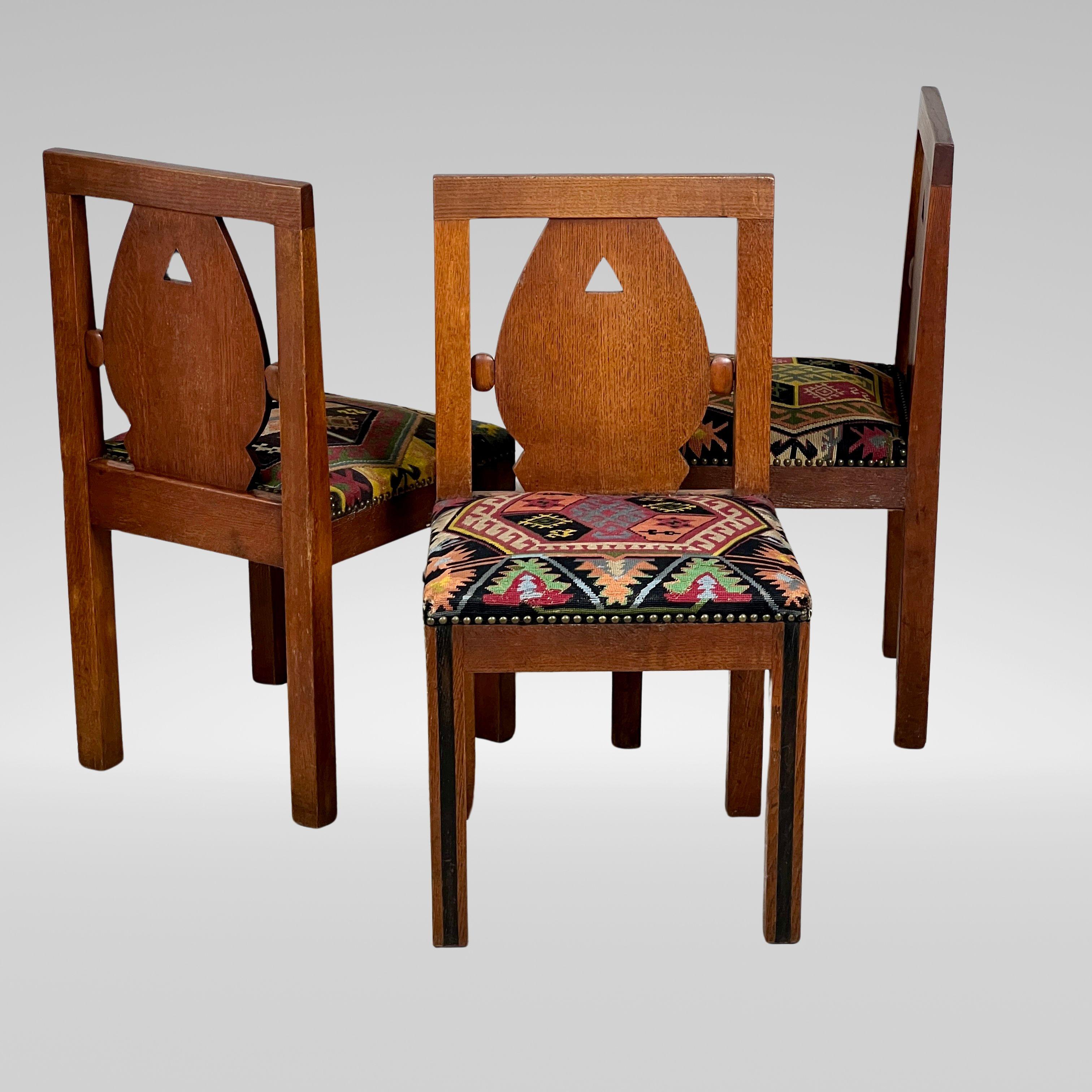 A Set Of Six Oak Art Deco And Kilim Dining Chairs 2