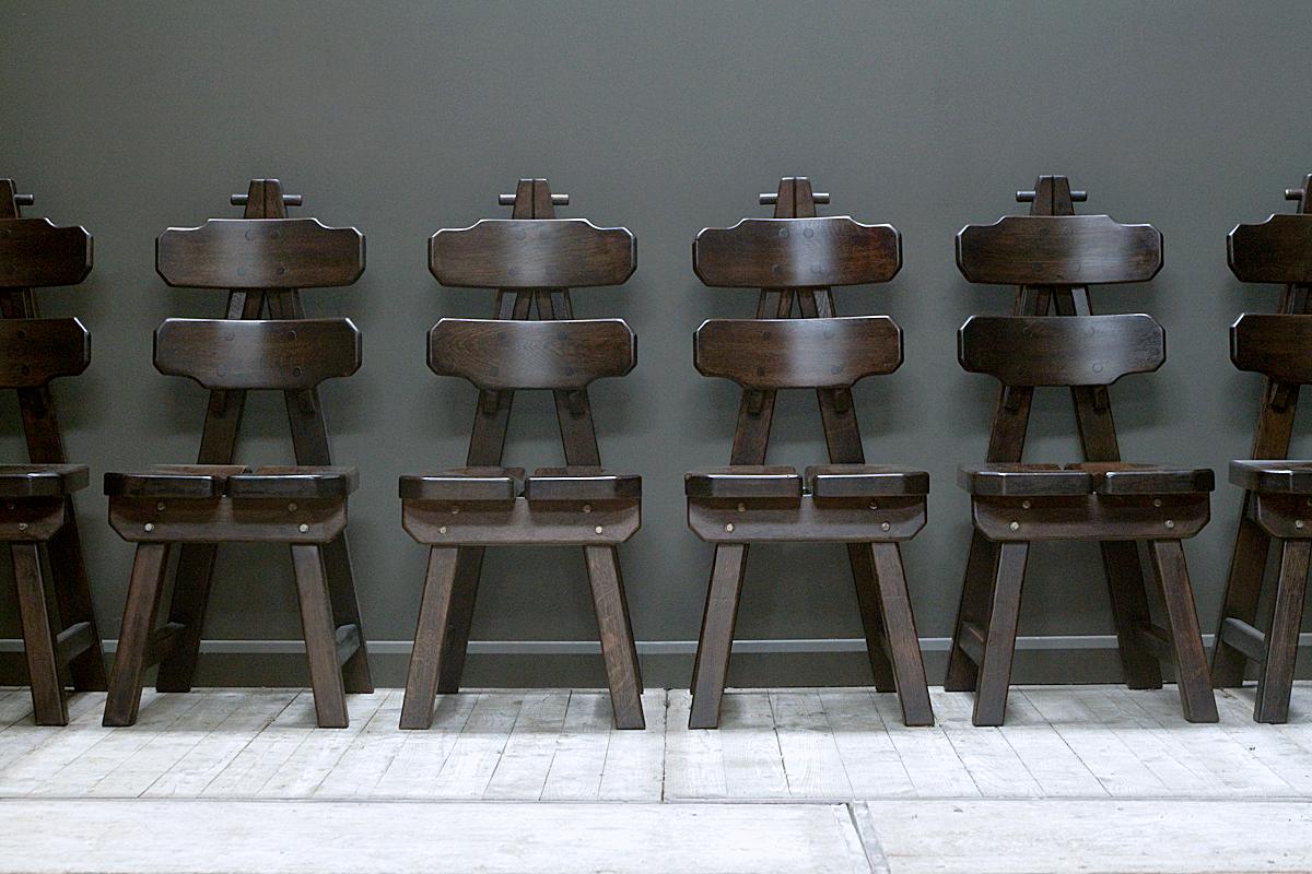 Spanish Set of Six, Oak, Brutalist Chairs