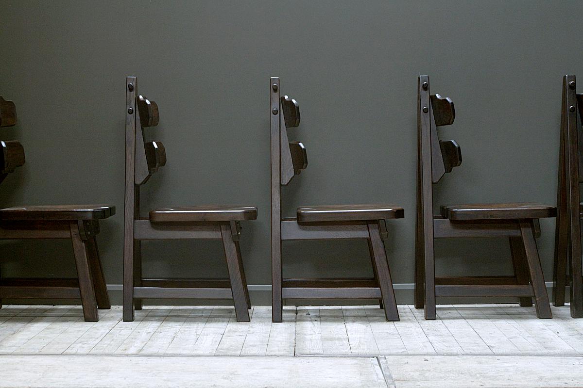 Late 20th Century Set of Six, Oak, Brutalist Chairs