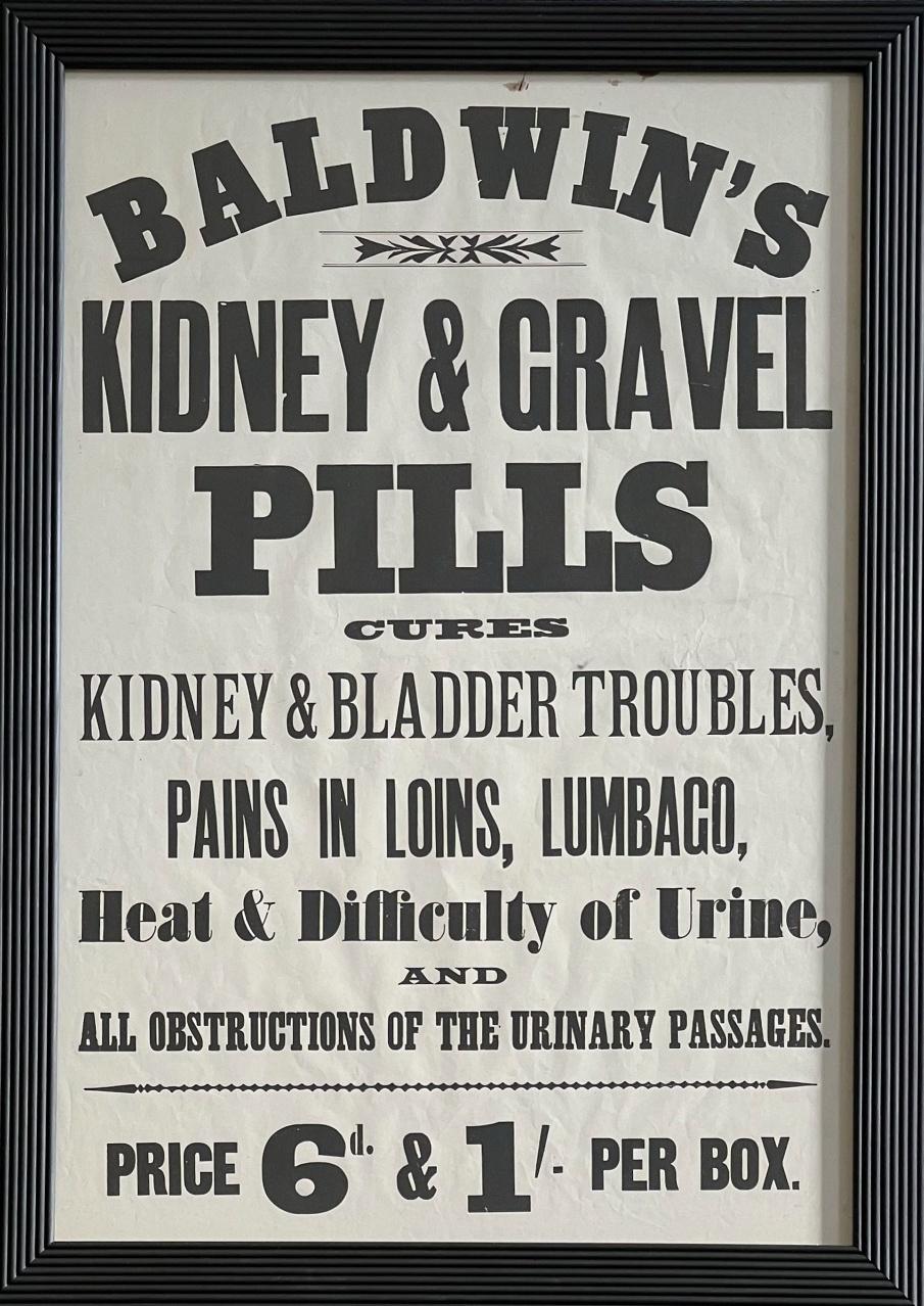 A wonderfully eccentric set of six original ‘quack medicine’ posters, advertising the many ailments and diseases that Baldwin’s claimed to cure with their pills, including things like Boils, Scurvy, Bad Legs, Bad Blood, Swimming Pains In The Head,