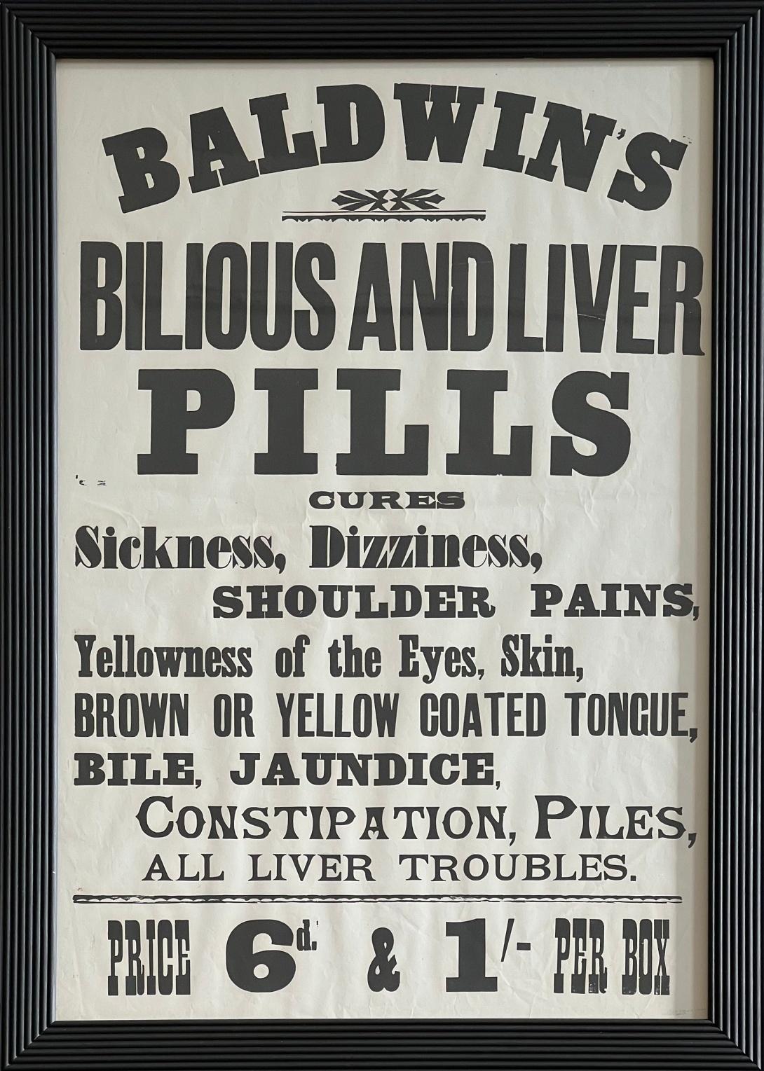 Victorien Ensemble de six affiches victoriennes originales encadrées Baldwin's Pills, vers 1890 en vente