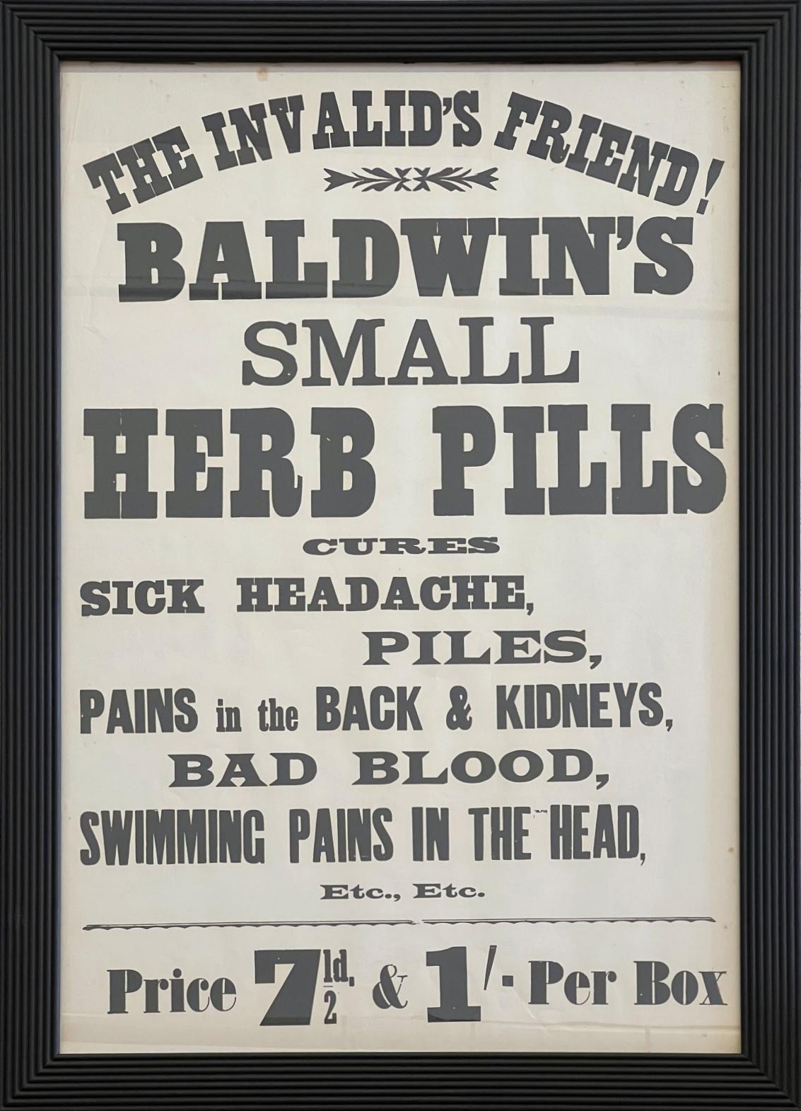 XIXe siècle Ensemble de six affiches victoriennes originales encadrées Baldwin's Pills, vers 1890 en vente