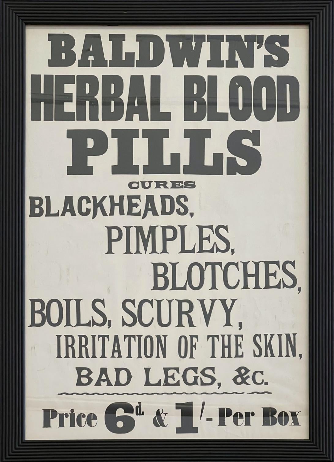 Ébène Ensemble de six affiches victoriennes originales encadrées Baldwin's Pills, vers 1890 en vente