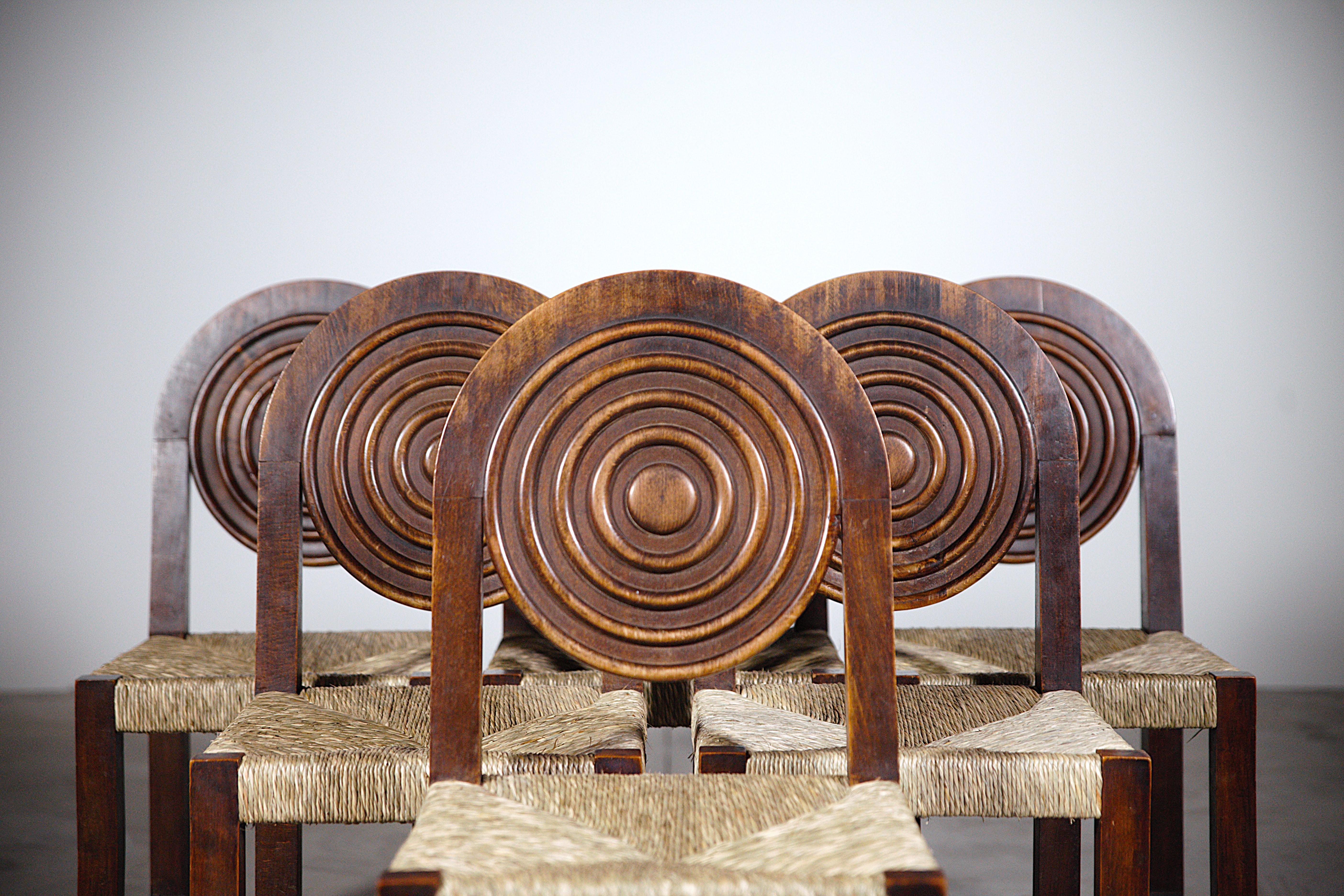 French A Set of Six Regionalist Chairs by Benjamin Gomez France 1940s